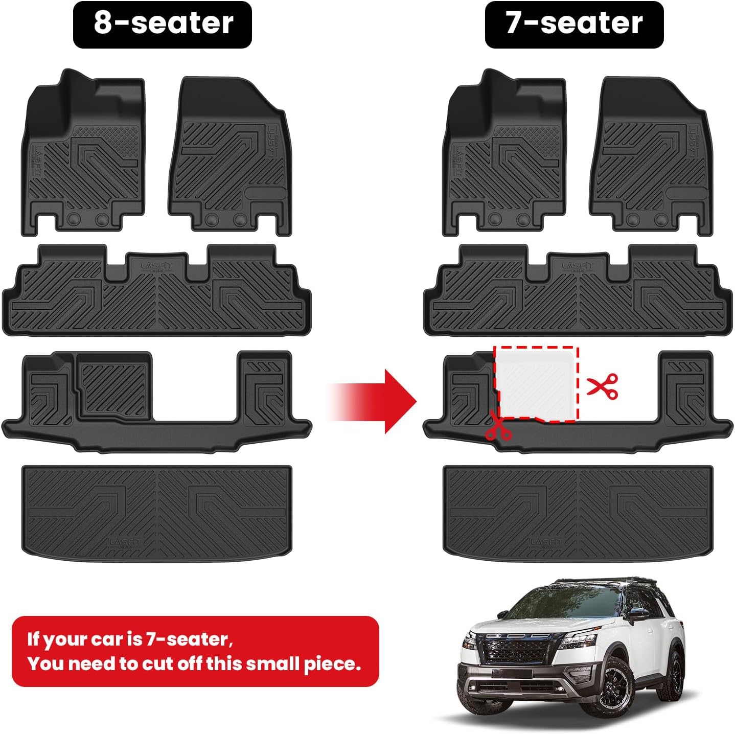LASFIT Floor Mats &amp; Cargo Mat for Nissan Pathfinder 7/8 Seats 2026 2025 2024 2023 2022, All Weather TPE Custom Fit Floor Liners for Pathfinder Car Mats &amp; Trunk Mats Accessories, Black