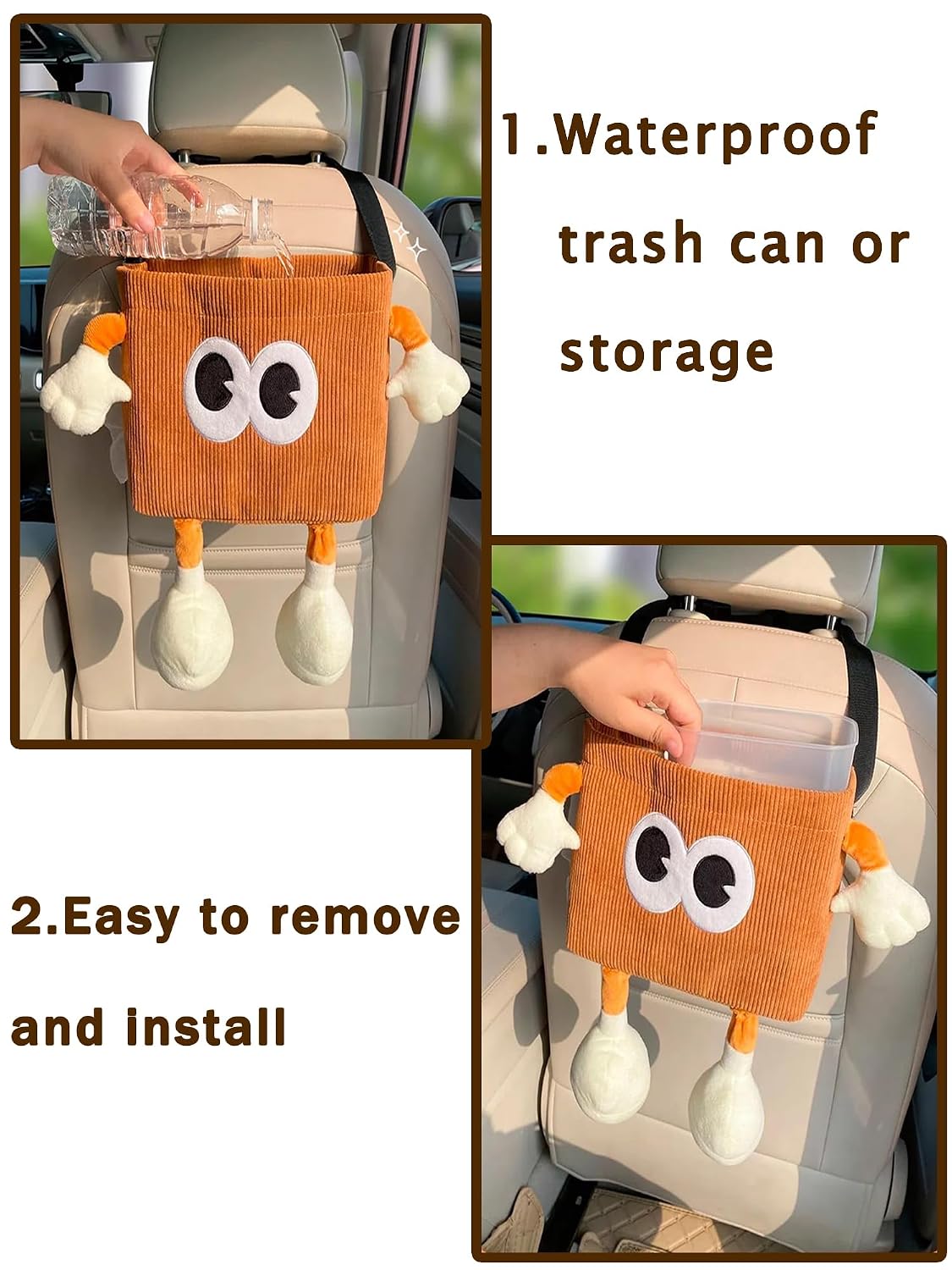 Car Cute 2 in 1 Trash Can with Tissue Holder Box Seat Back Bag Hanging over the Seat Organizer Plush Cartoon Animal Storage Garbage,Brown