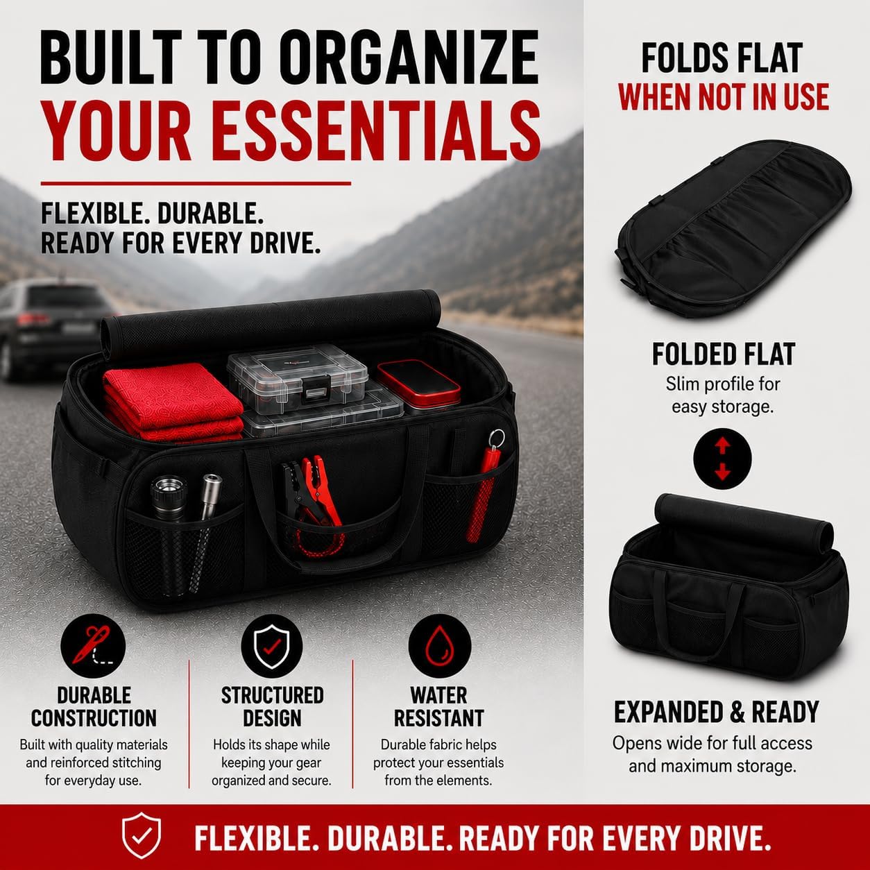 SR1 Performance USA C7 Corvette Trunk Organizer – Expandable Pop Up Collapsible Cargo Storage Caddy for 2014-2019 Chevrolet Corvettes – Black with Crossed Flags Logo