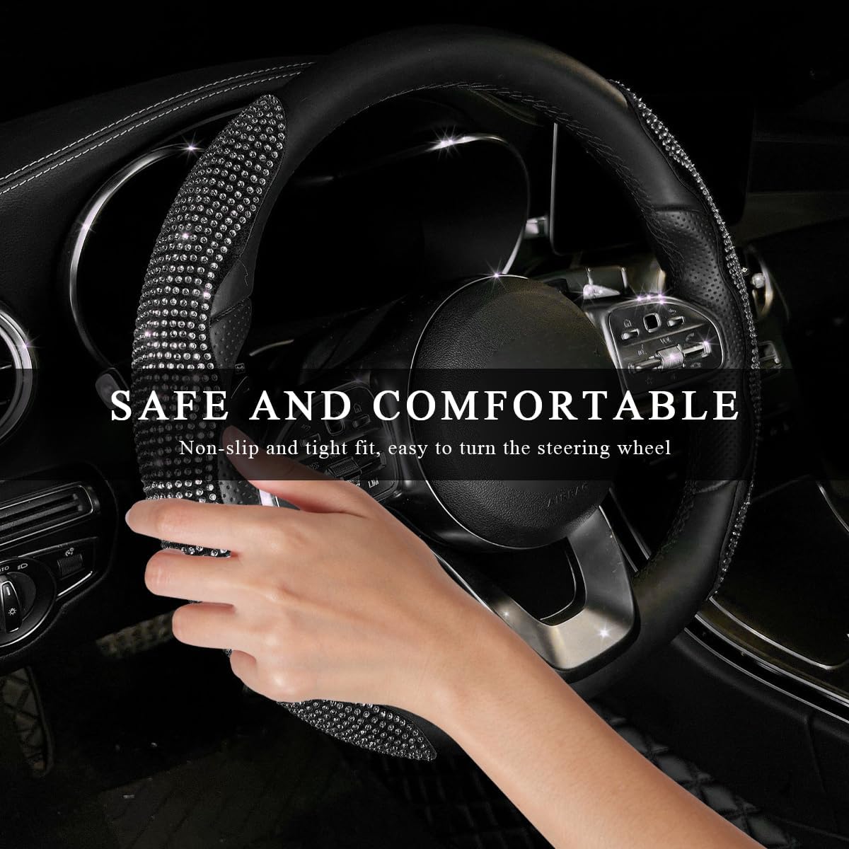 2PCS Steering Wheel Cover, Sparkling Rhinestone Segmented Steering Wheel Protector Fit 14-15.6 Inch, Non-Slip Wheel Wrap Cover Bling Car Interior Accessories for Women Girls (Blue)