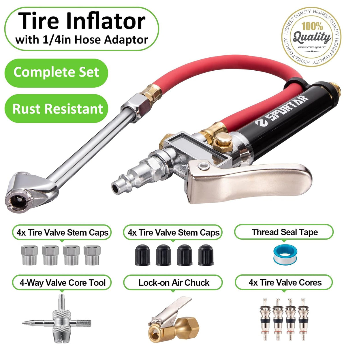 Spurtar 10-120 PSI Tire Pressure Gauge with Inflator Heavy Duty