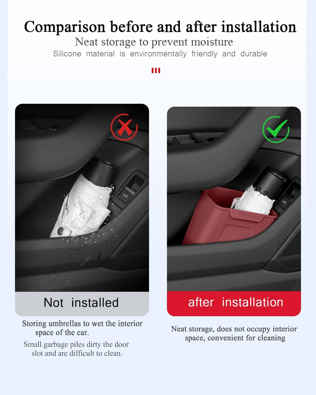 XmuxHai Car Interior Storage Box, Black Silicone Door Side Organizer with Umbrella Holder and Trash Can, Vehicle Accessory (Red)