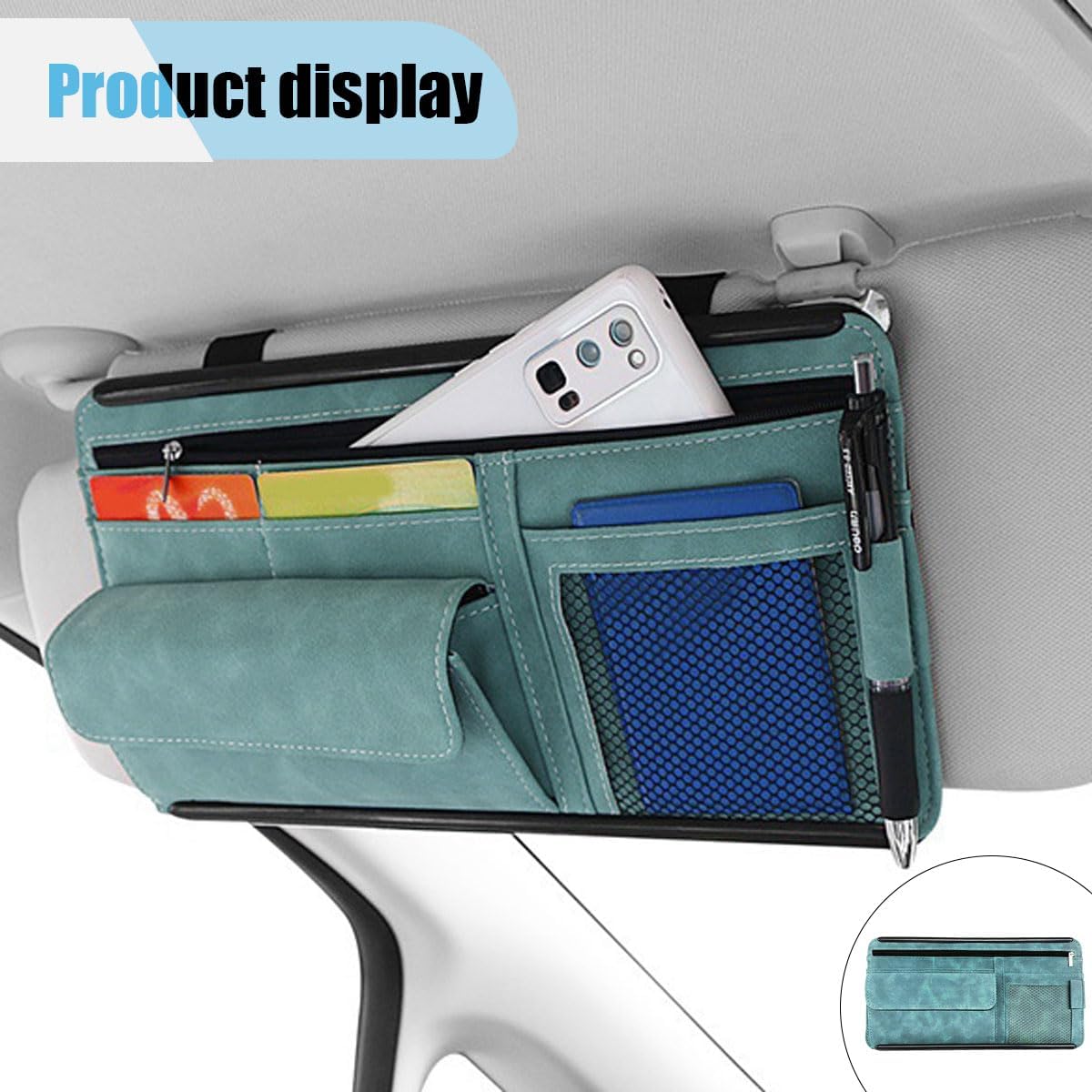 Car Sun Visor Organizer, Car Storage Pouch Holder with Multi-Pocket Net Zipper, Suede Note Holder Car Visor Storage Organizer with Glasses Case, Sunglass Holder for Car Interior Accessories (Blue)
