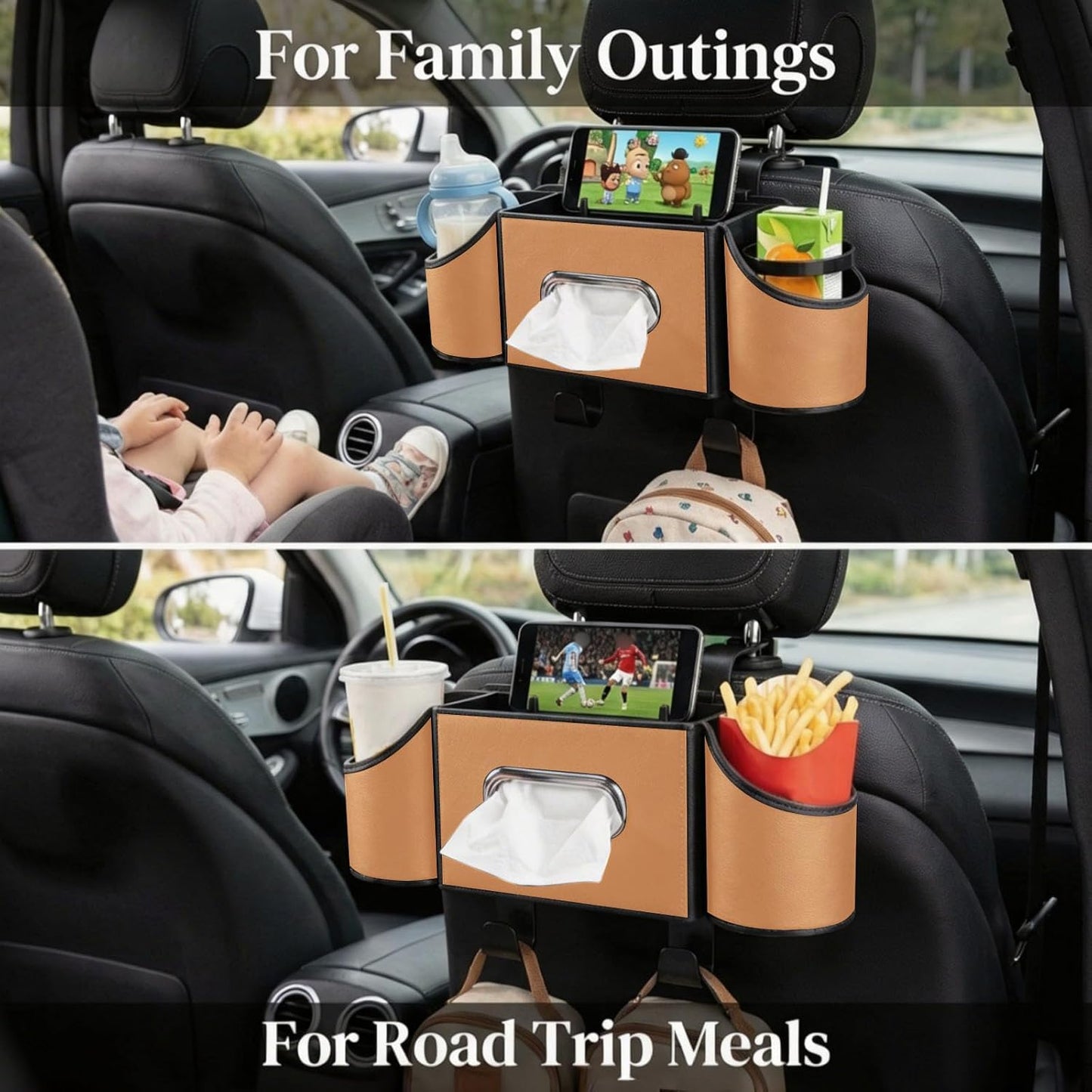 Back Seat Car Organizer, Nappa Leather Car Seat Organizer with Cup Holders and Tissue Box, Premium Hanging Storage Bag for SUV Truck Road Trip (Light Brown)