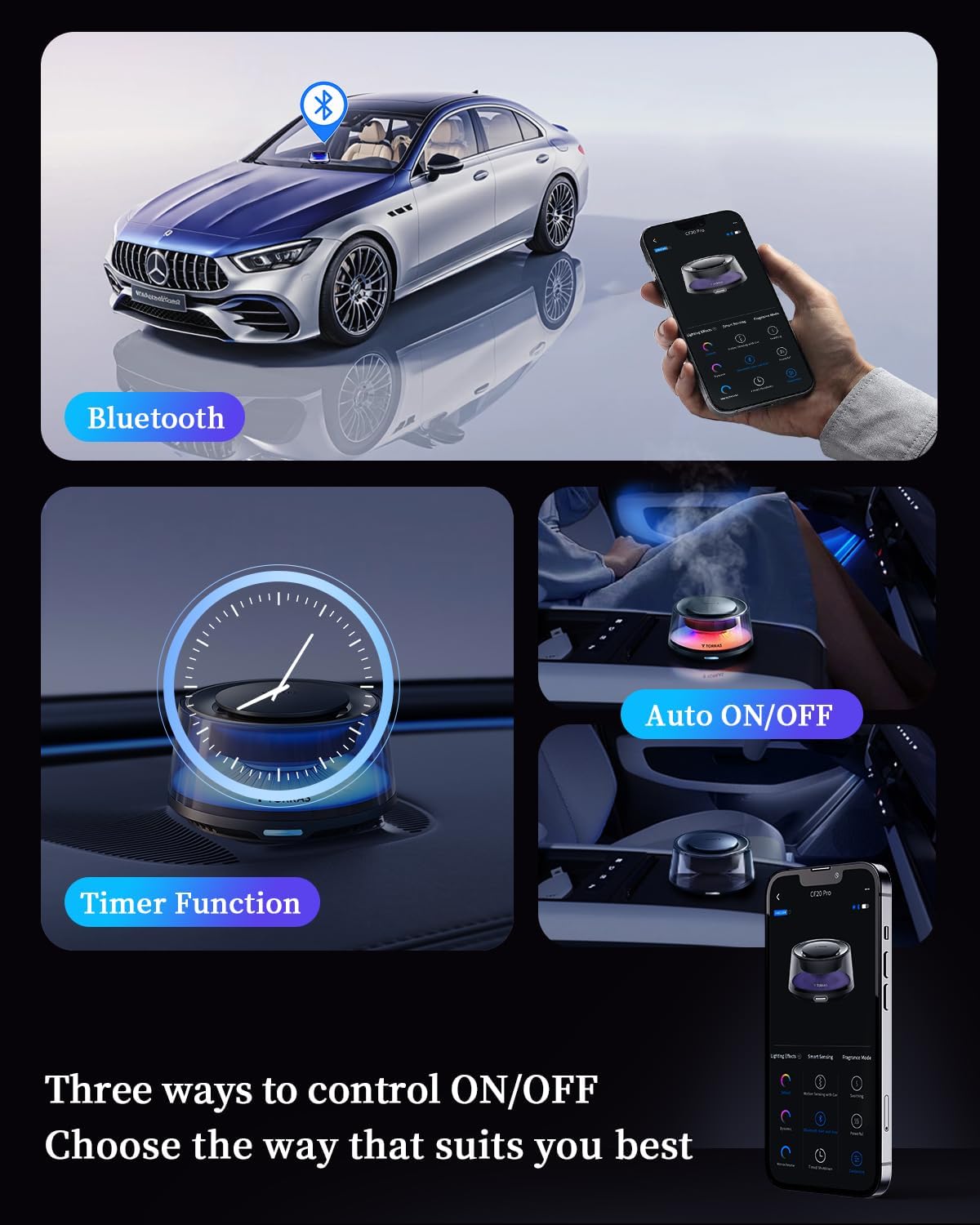 TORRAS Smart Car Air Fresheners Diffuser, The First App Control Car Freshener, Solar & USB-C Charging, Auto ON/Off, Cherry Blossom & White Musk, Lasts Up to 200 Days, CF20 Pro Fragrance Diffuser