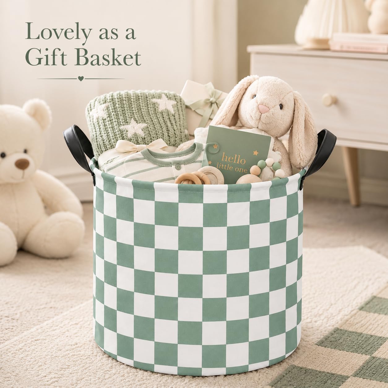 MAIZMZ 3 Pack Sage Checkered Storage Baskets Kids Hamper, 15.7"D x13.3"H, Waterproof Lining, Leather Handles, Collapsible for Laundry, Toys, Clothes, Gift Set