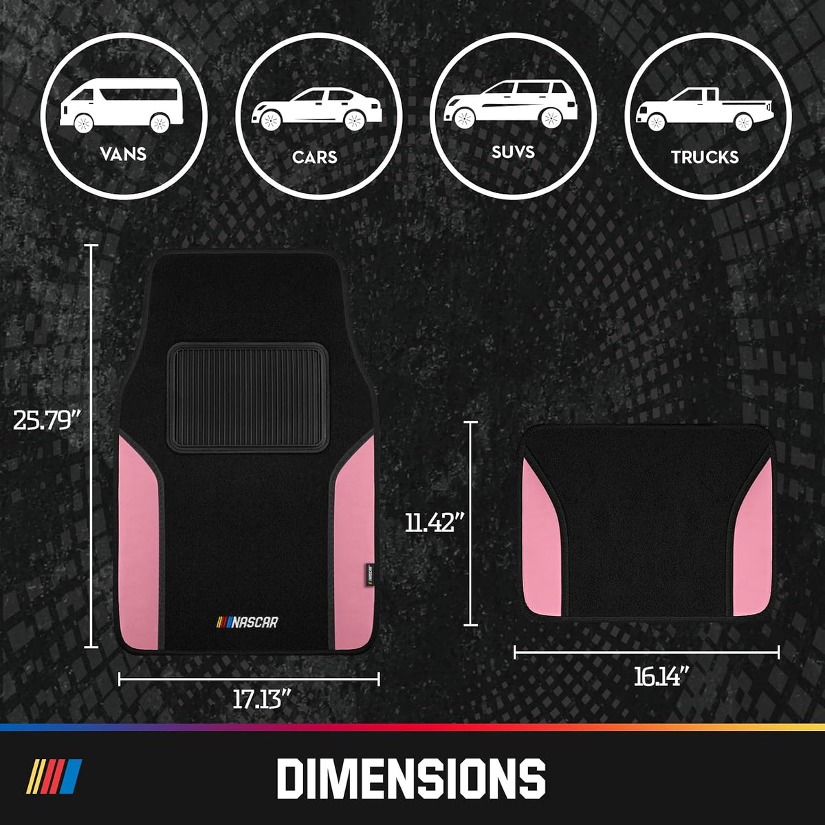 NASCAR Car Floor Mats, Carpet & Pink Leather Design Car Mats, Universal-Fit All-Weather Car Floor Mats with Built-in Heel Pad & Anti-Slip Backing, Durable Odorless Automotive Interior Accessories