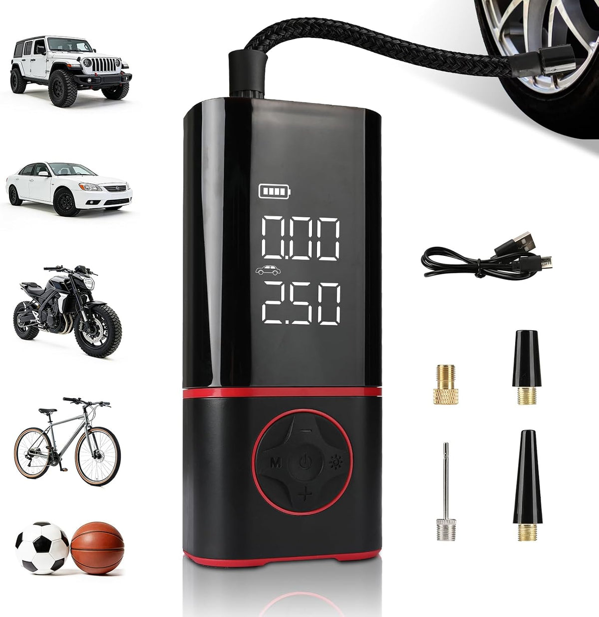 KITLUCK Portable Air Compressor, Tire Inflator with Digital Gauge, 2000mAh Rechargeable Battery, 150 PSI, for Car Tires, Bike, Motorcycle, Balls, Air Mattress, Includes LED Light & Multiple Nozzles