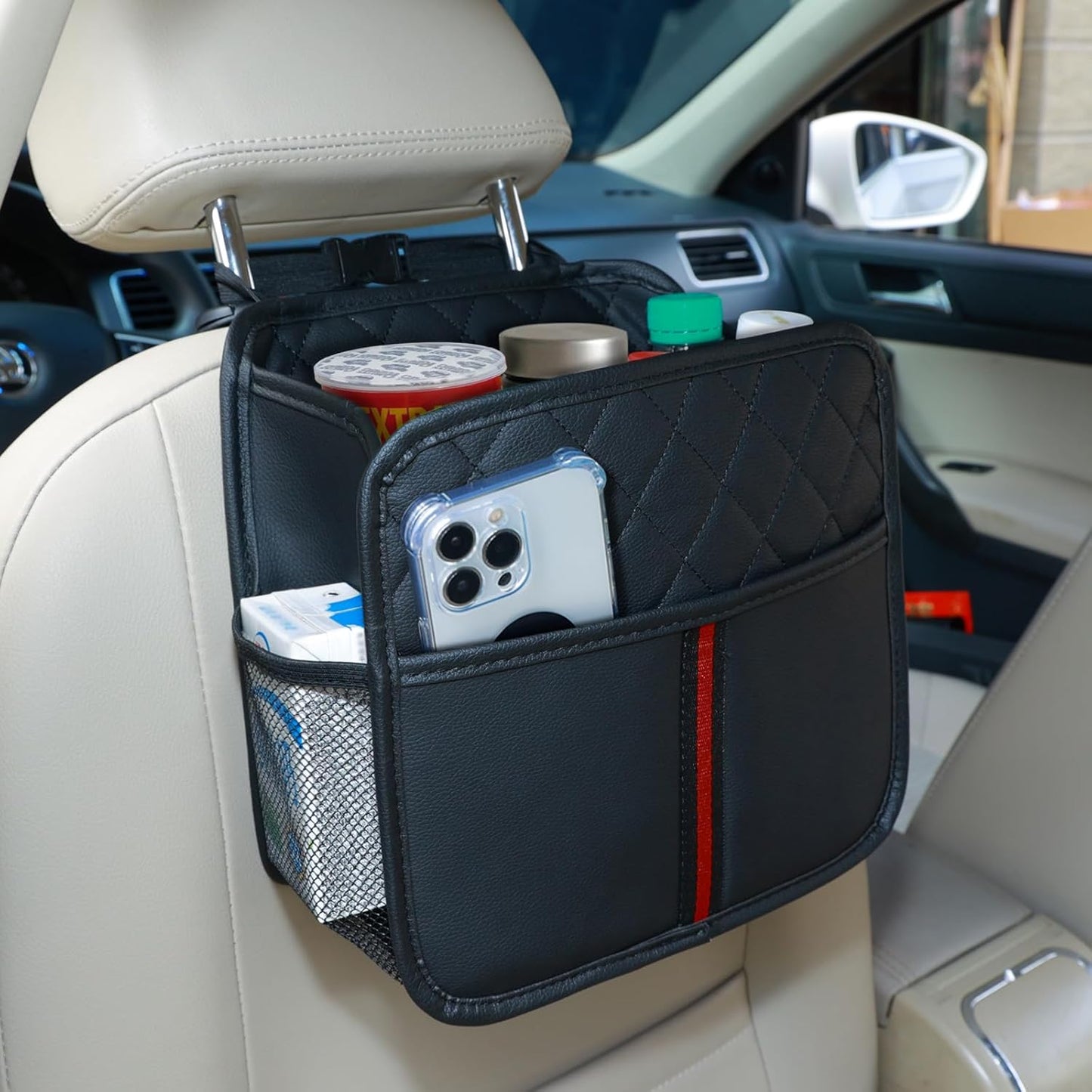 Car Seat Back Organizer, 1 Pack Multifunctional car organizers and storage with Cup Holders, Car Trash Can, Back of Seat Car Organizer for Kids & Adults, Universal for Most Cars, Black