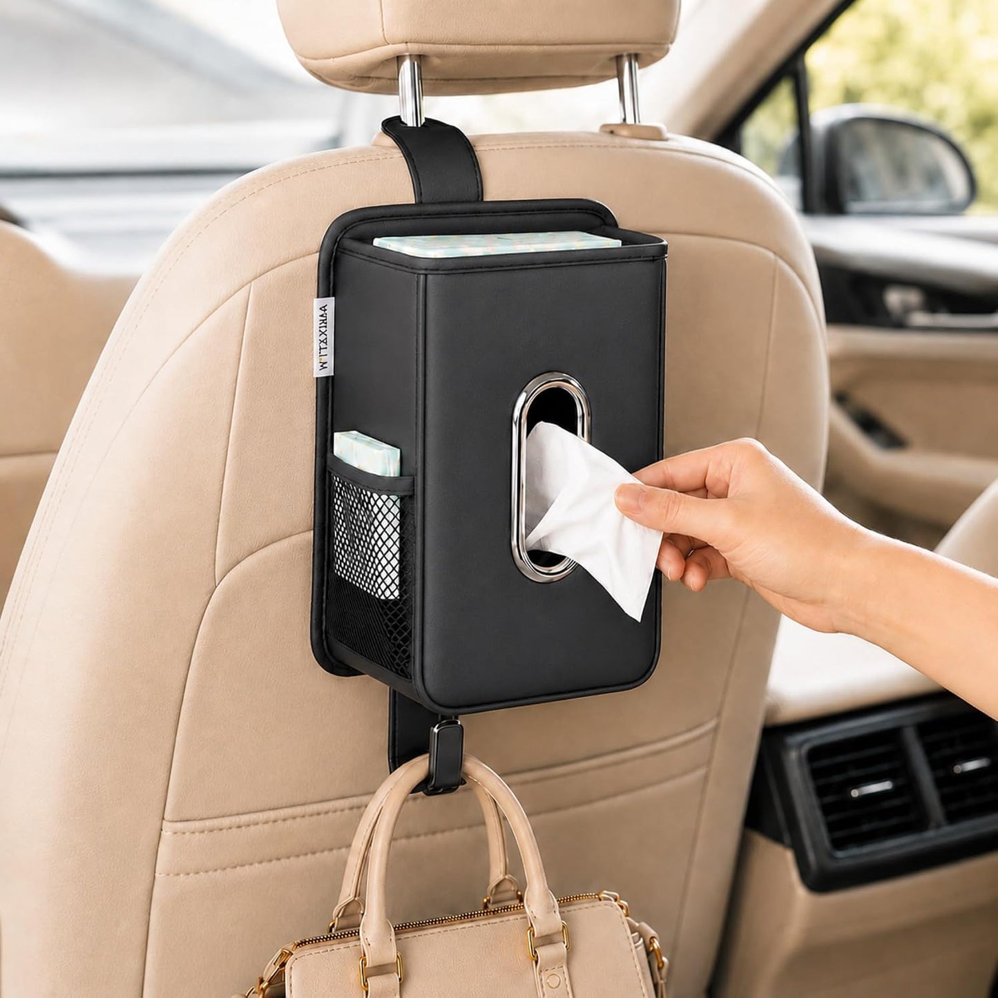 Witaxima 4 in 1 Car Tissue Holder with Headrest Hooks, Small Trash Can & Seat Back Organizer, PU Leather Tissue Box Cover for 120-150 Tissues, Trash Pockets & Hook Set, Keep Car Tidy, Black