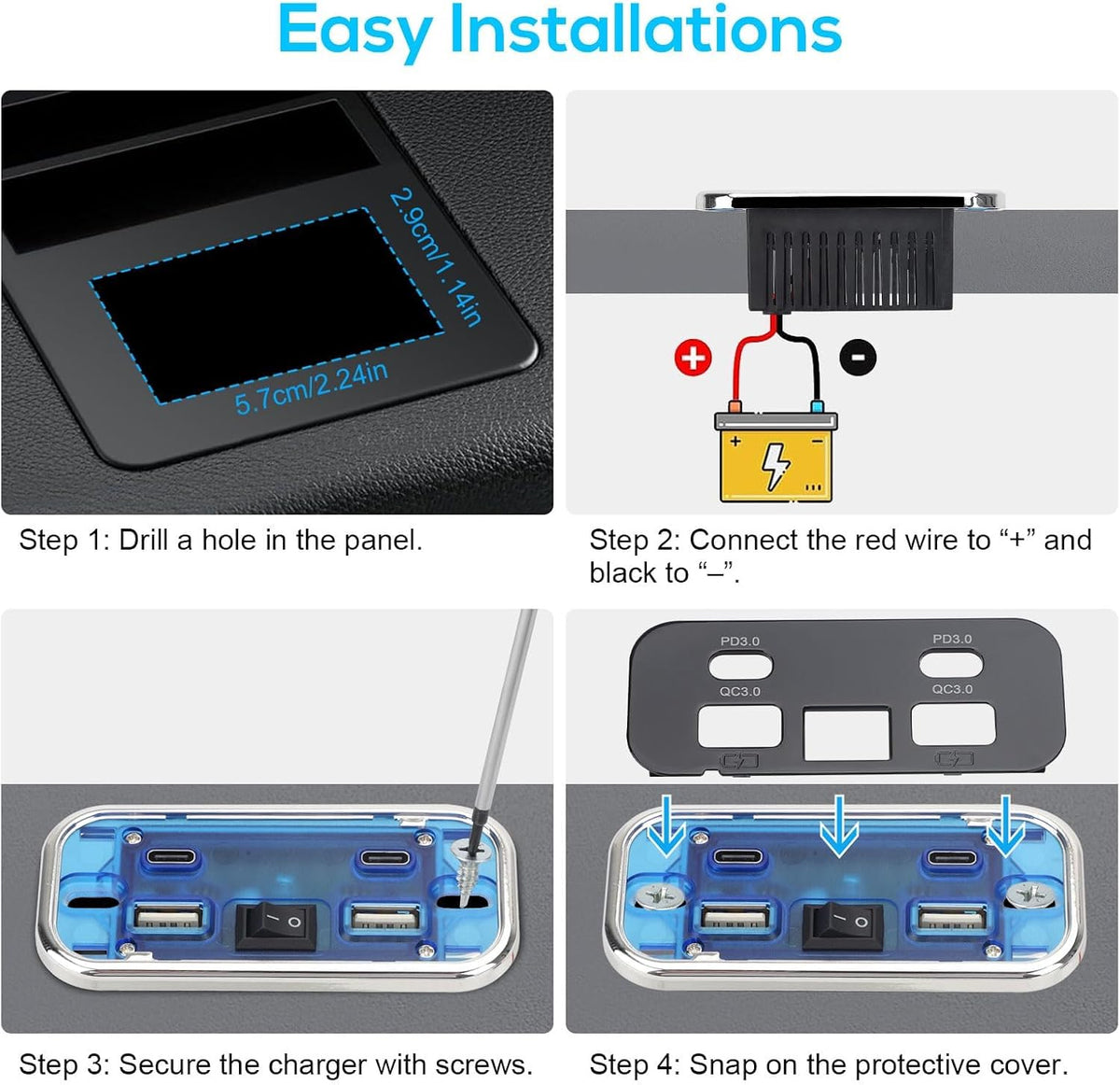 Linkstyle RV USB Outlet, 76W Dual 18W USB-A & Dual 20W PD3.0 Ports, Power Outlet Panel with Switch for 12V/24V Car Truck Marine