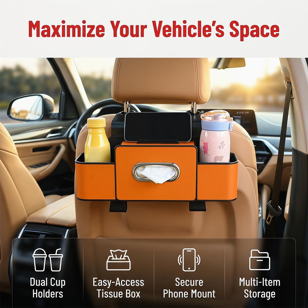 4-in-1 Car Backseat Organizer, Orange