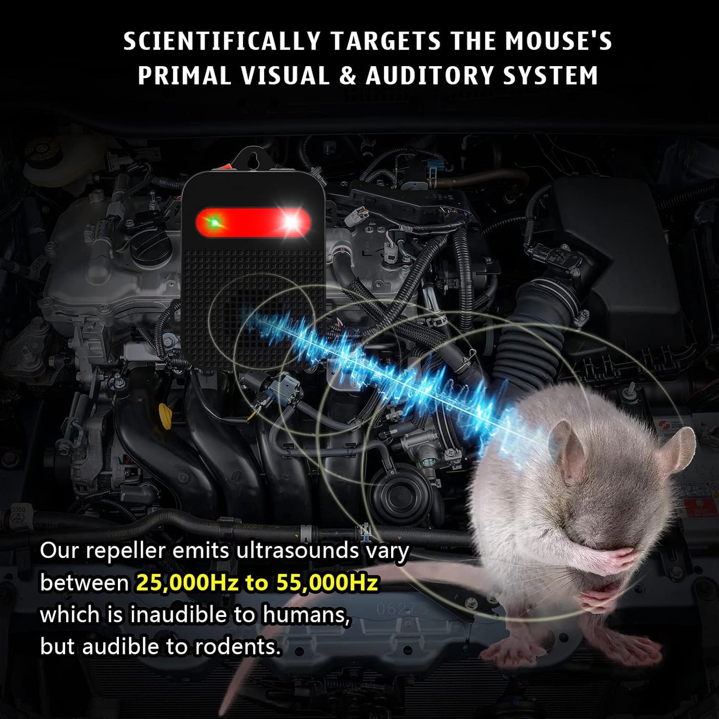 Angveirt Ultrasonic Rodent Repellent Under Hood Battery Operated Pest Repeller with Strobe Lights, Humane Mouse Deterrent for Car Engines, Garage – Prevents Nesting & Wire Damage, 1 Pack