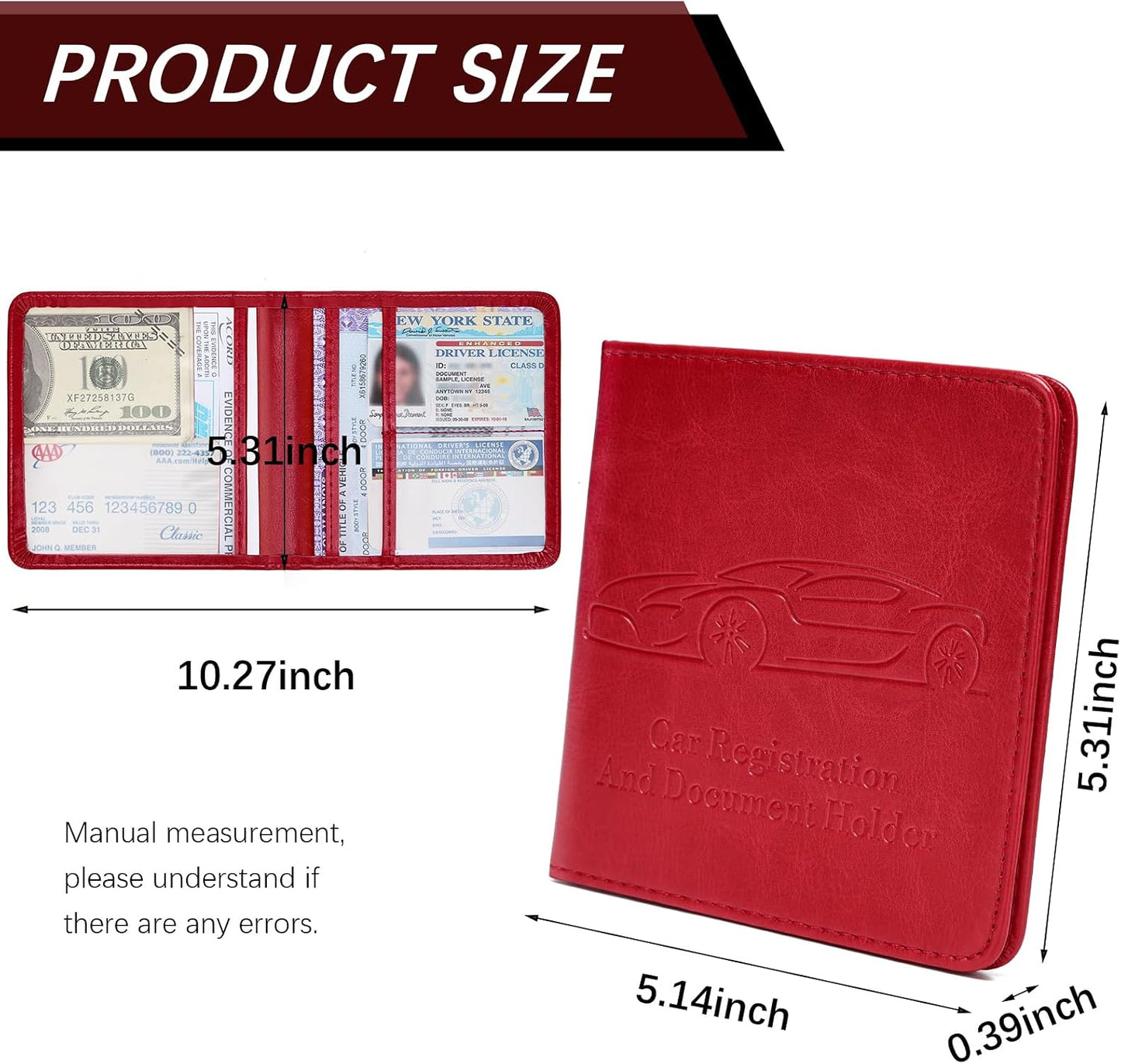 2-Pack Car Registration and Insurance Holder, Car Organization Vehicle Document Organizer with Magnetic Closure for Cards, License in Glove Box, Red