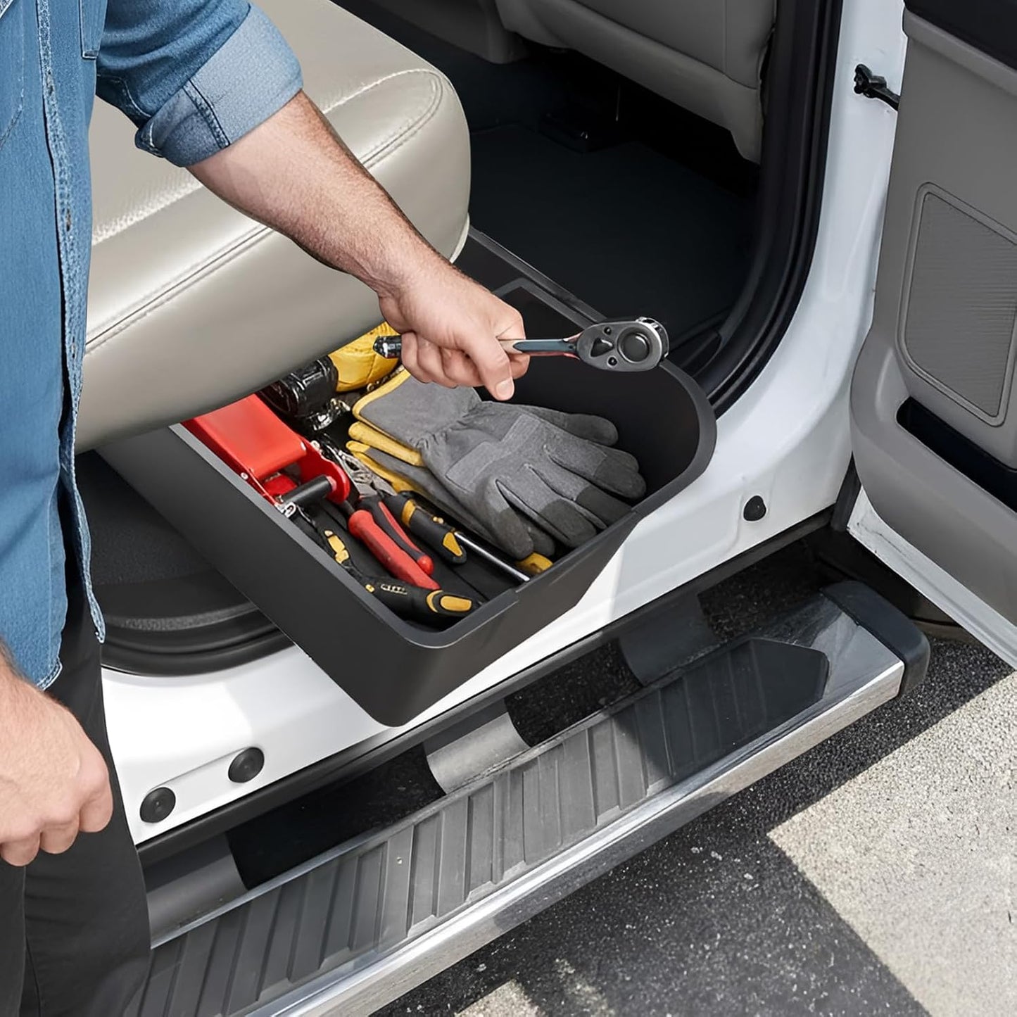 MAXDOM Under Seat Storage Fit for (2015-2026) F150 SuperCrew/Crew Cab (2017-2026) F250 F350 F450 F550 Super Duty Rear Underseat Organizer Box