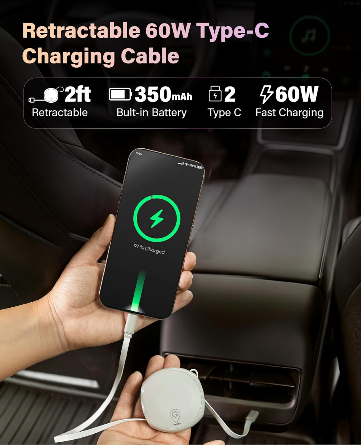 GlocalMe UniCord Plus 3-in-1 Tracker Device for Vehicles, 60W Retractable USB C Fast Charging Cable with Emergency WiFi Hotspot, Real Time Tracking and GeoFence, Unlimited Distance for Car Tracker