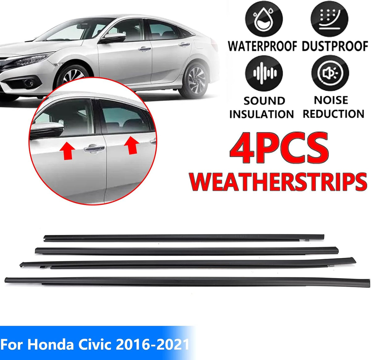 4Pcs Weatherstrip Window Moulding Trim Seal Belt Compatible with 2016-2021 Honda Civic 4 Door Sedan