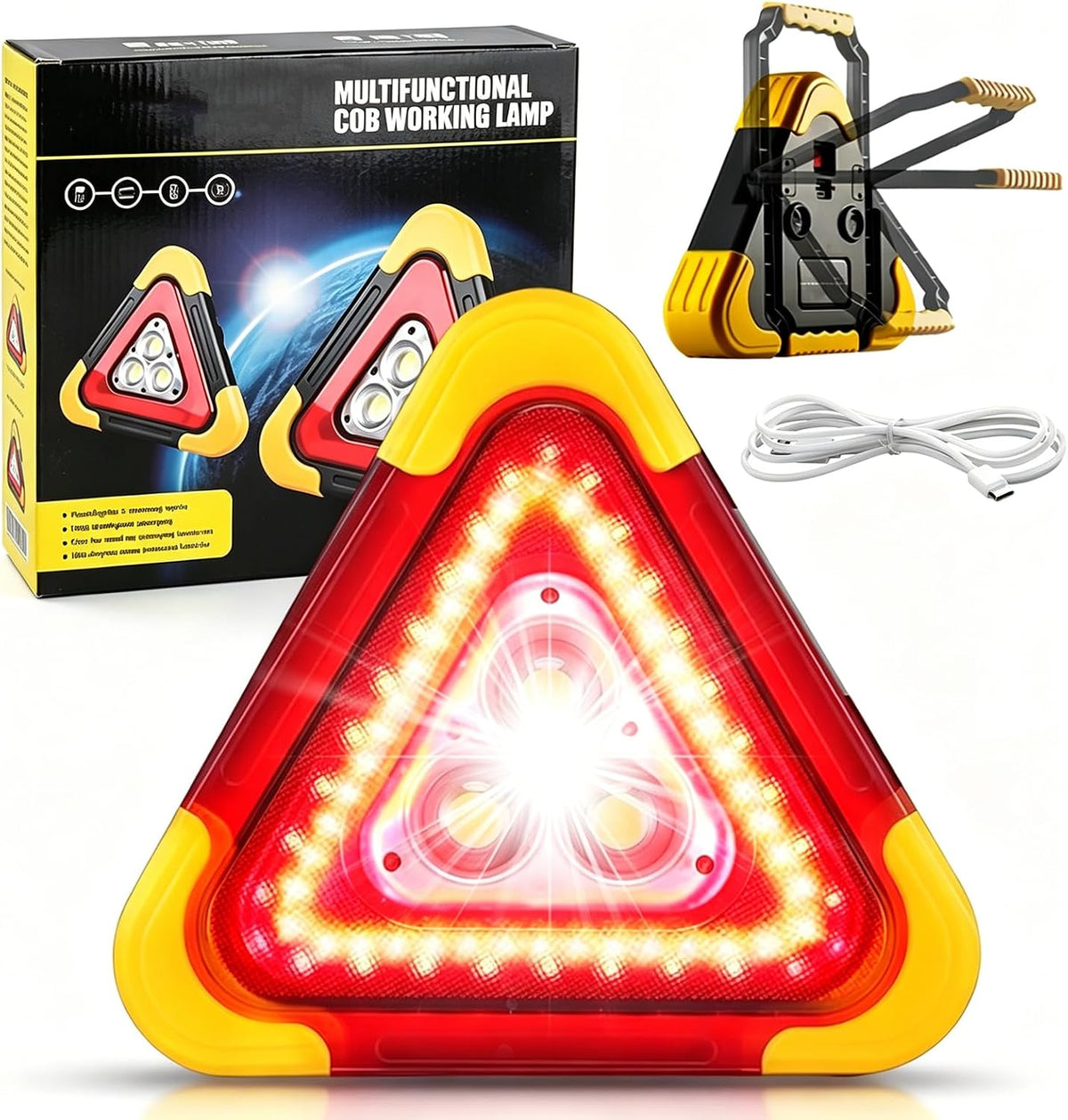 LED Emergency Triangle Warning Light, USB Rechargeable Solar Road Safety Triangles with Reflective Triangle Design, Waterproof Road Flares for Car Truck RV Breakdown Emergency (1PC)