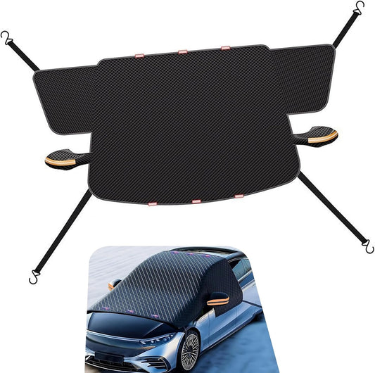 Windshield Snow Protector, Reflective Strips Heat Insulation Windshield Sun Shade Visor, All-Season Auto Front Glass Sun & Frost Shield, Universal for Most Cars (Black)