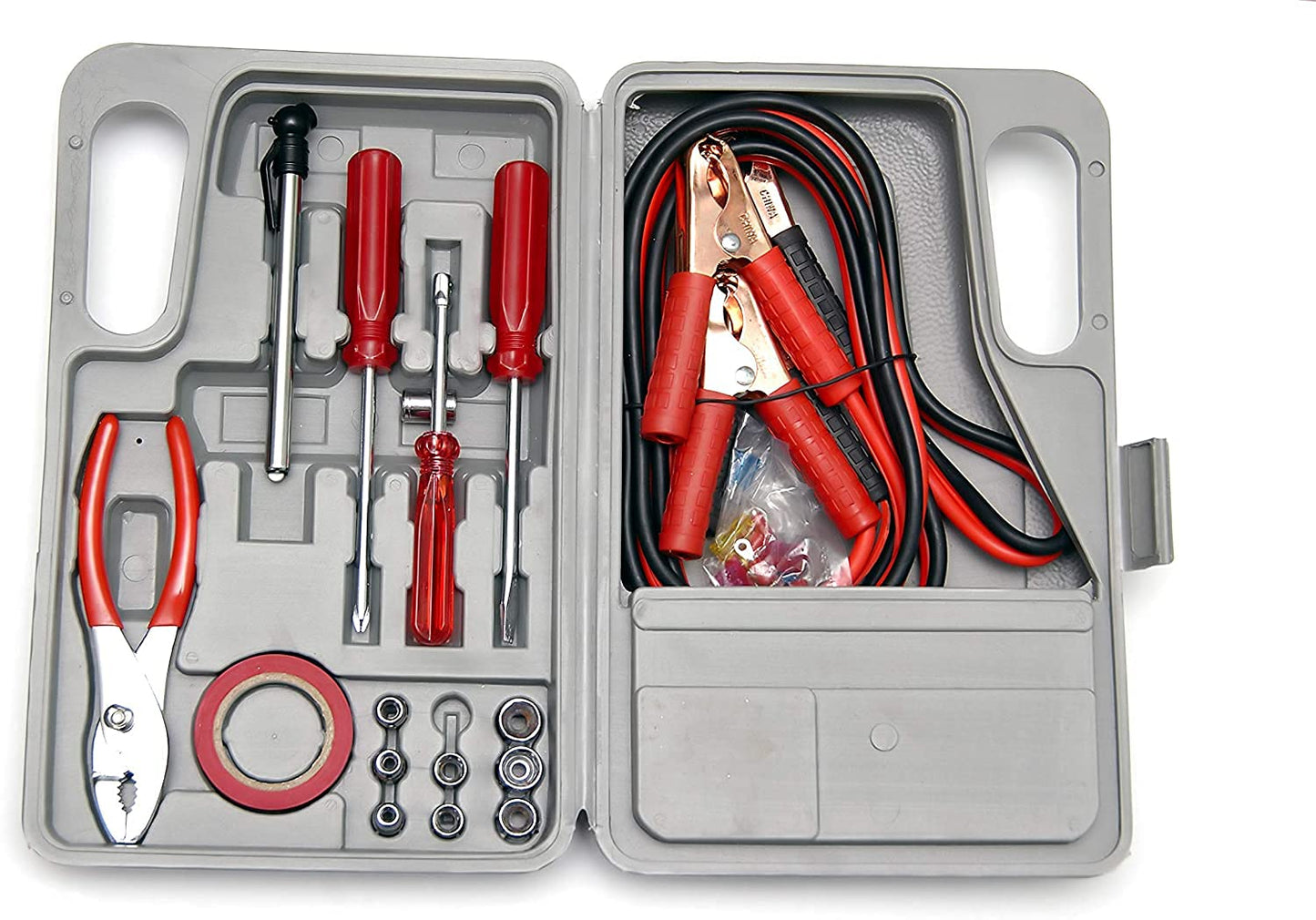 Roadside Emergency Car Kit - 30-Piece Road Trip Essentials Tool Set with Jumper Cables and Carrying Case for Car, Truck, or RV by Stalwart (Gray/Red)