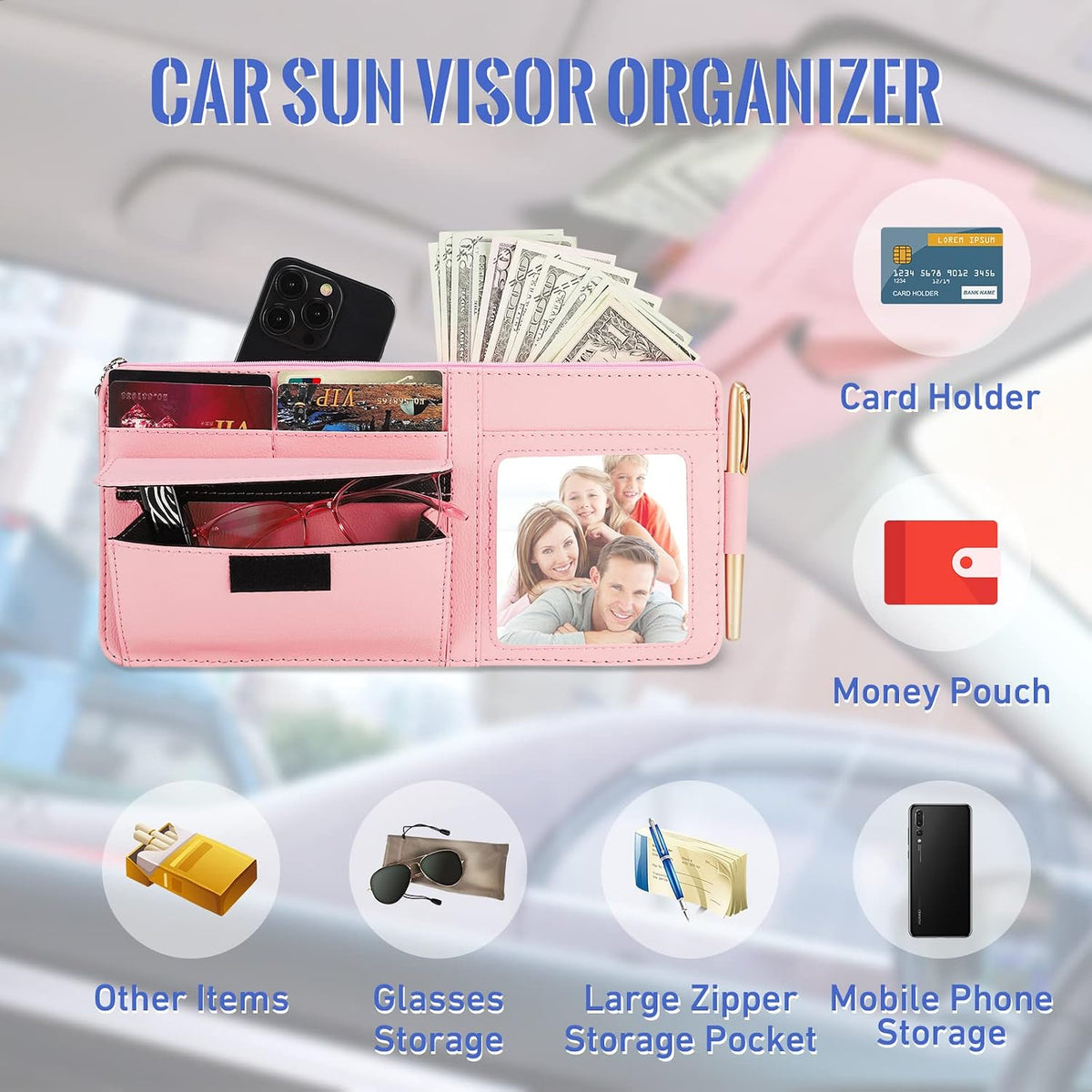 Pink Car Sun Visor Organizer, Multi-Pocket Storage Pouch for Trucks & SUV