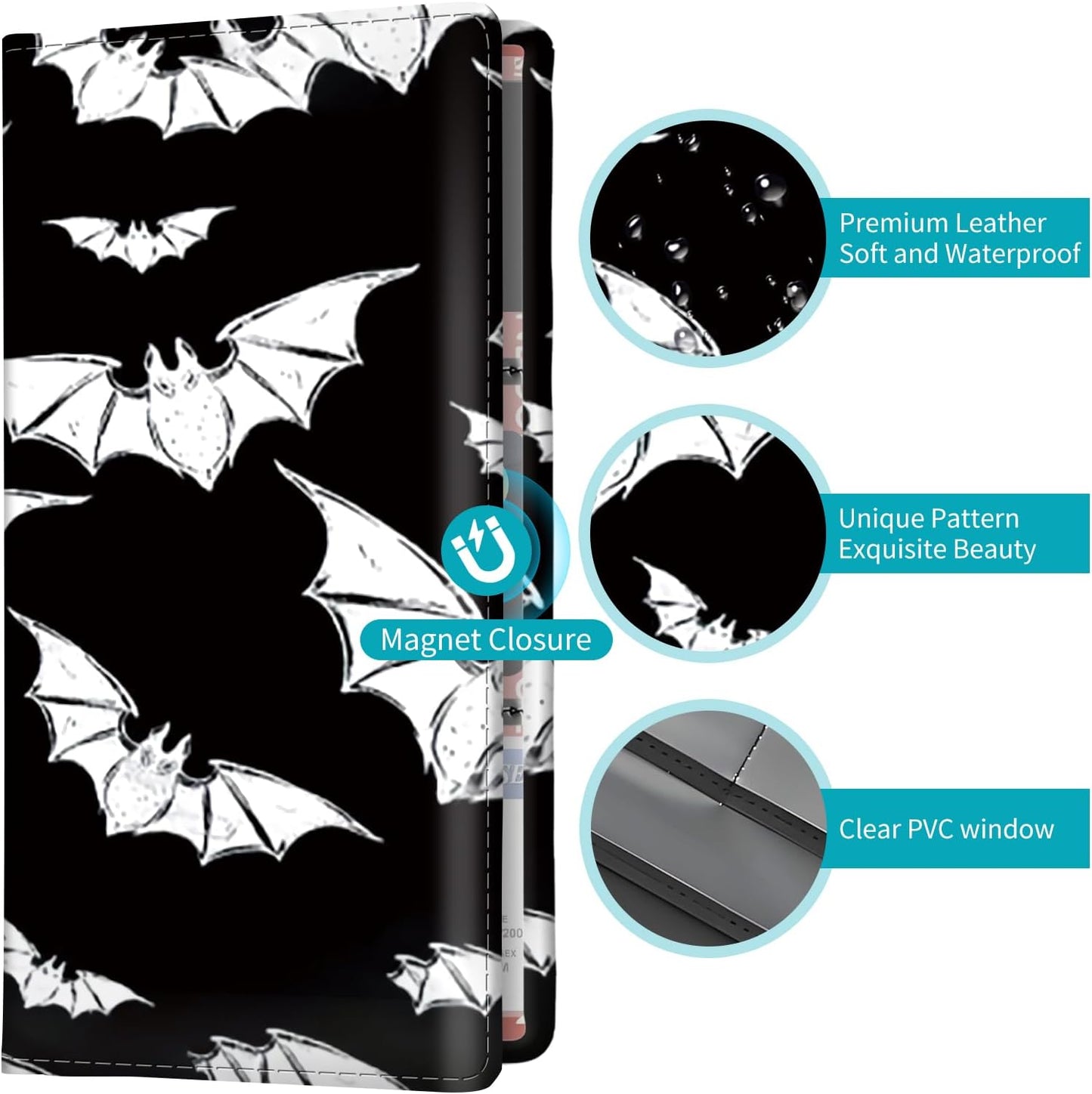 Car Registration and Insurance Holder with Magnetic Shut, Cute Vehicle Glove Box Car Organizer, Premium Interior Car Accessories for Women Men Black White Bats