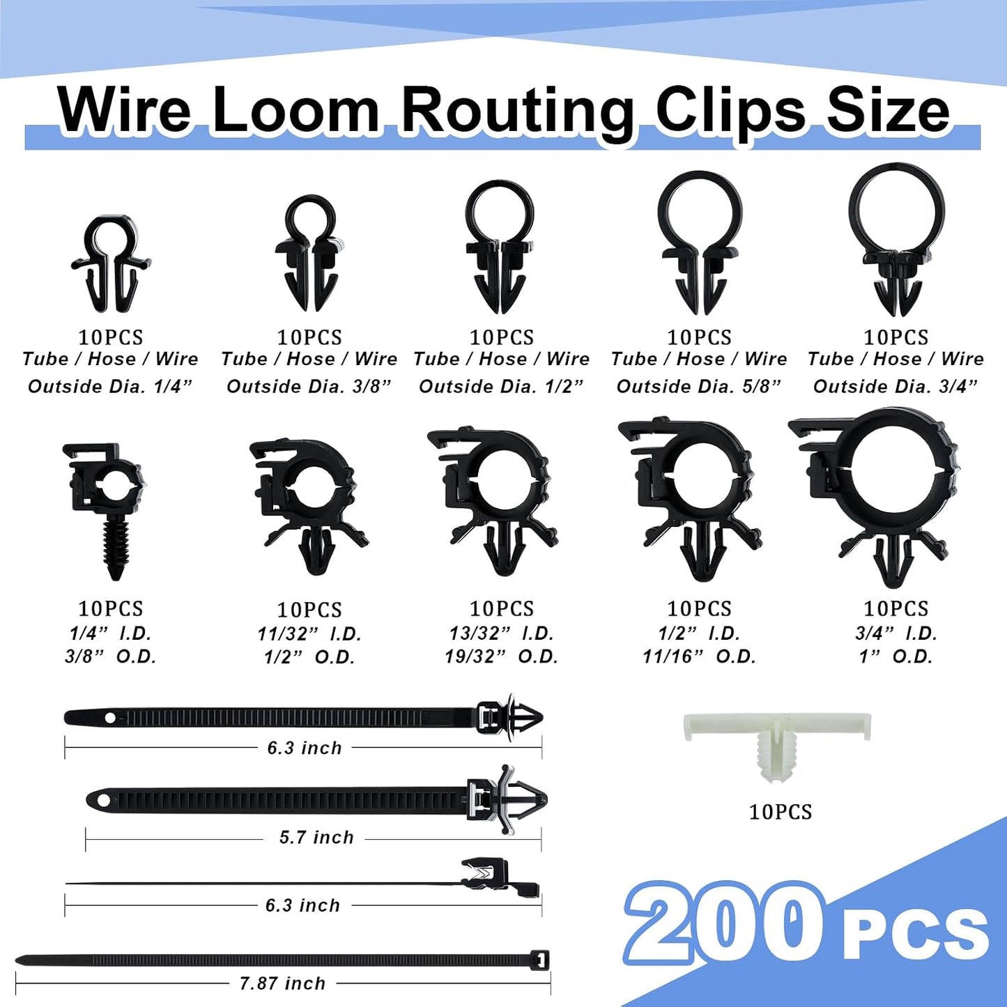 Funnymoom 200pcs Car Wire Loom Routing Clips Push Mount Cable Tie Assortment 15 Sizes Cable Zip Tie with Car Wire Loom Routing Clips Universal Wiring Harness Clip Replacement Parts for Automotive