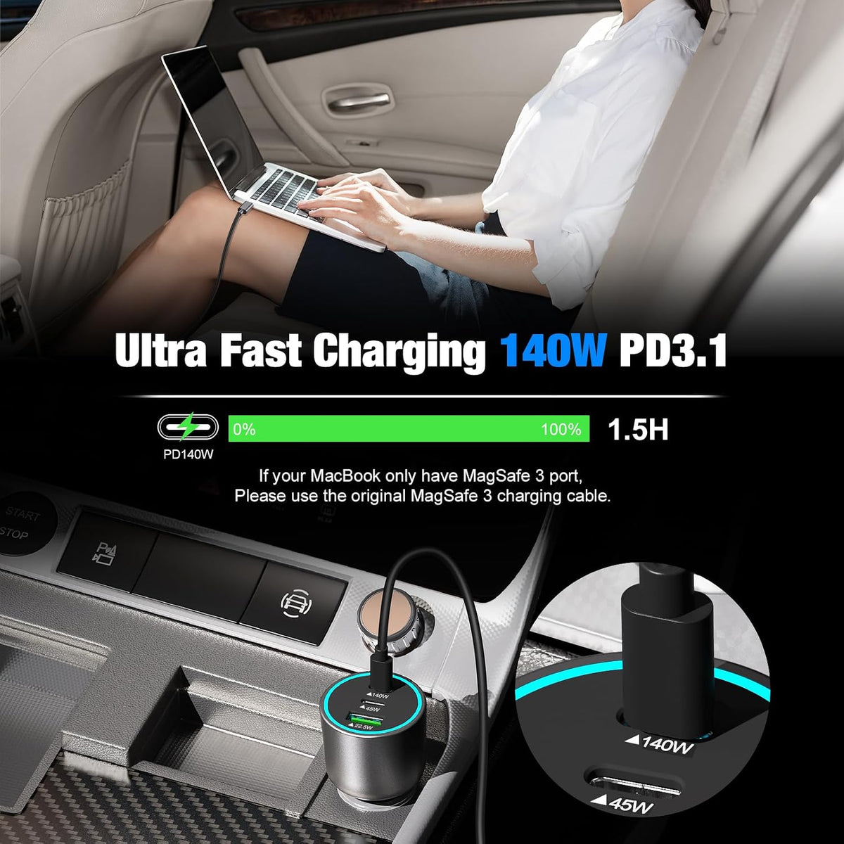 140W USB C Car Charger Super Fast Charging for iPhone Duo/18 Pro Max/Laptop