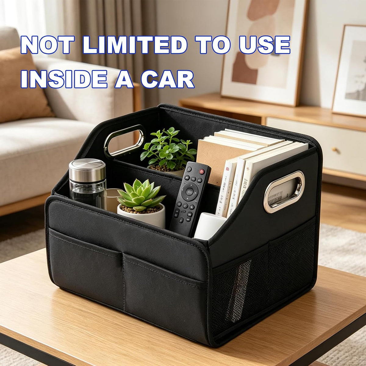 Car Storage Organizer, Large Capacity Foldable Car Caddy Basket with Metal Handle & Movable Divider, Multi-Pocket Trunk Organizer Front Back Seat Storage Box for Most Cars