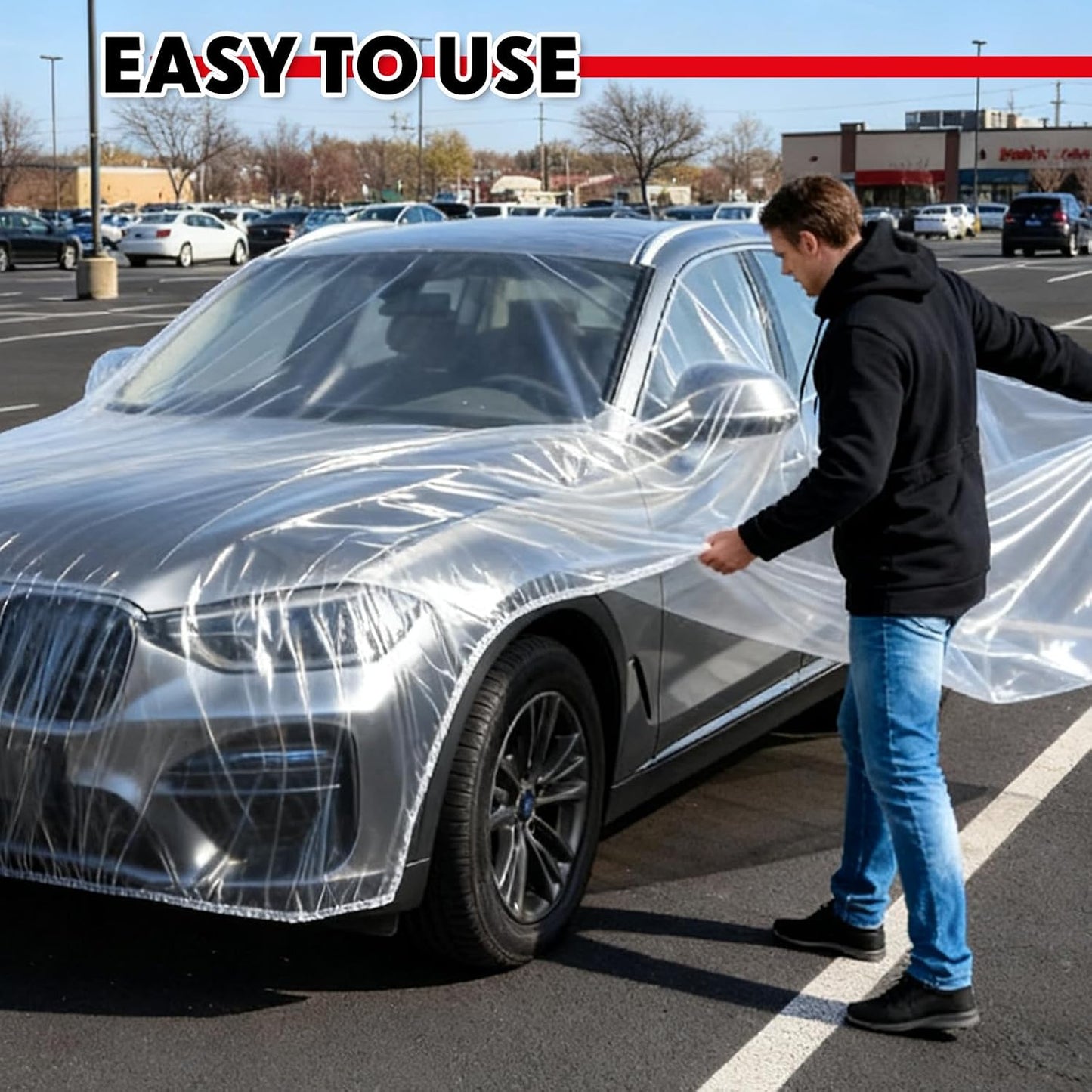 LEIFIDE 3pcs Universal Large Plastic Car Covers 23 x 13.1ft Extra Clear Reusable Car Cover with Elastic Band for SUV, Sedan, Mini Van and Outdoor Snow Rain Wind Dust Frost