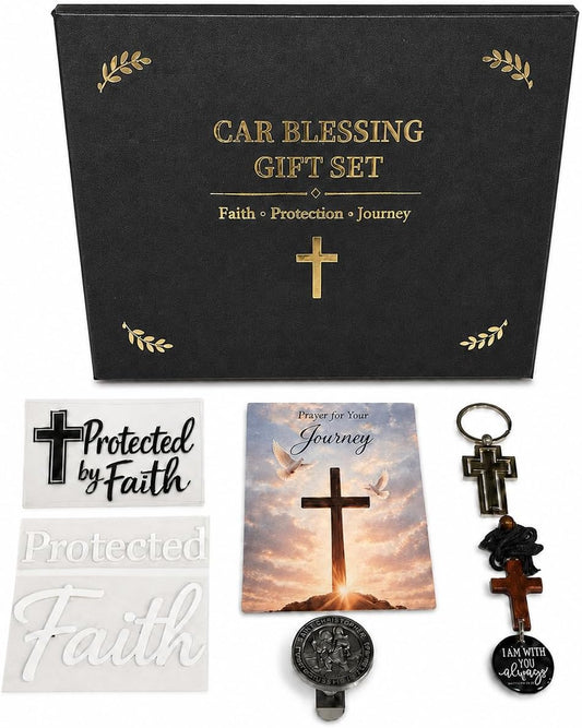 Car Blessing Gift Set – NFC Wooden Cross for Rearview Mirror, Saint Christopher Visor Clip, Prayer Card, Silver Cross Keychain & 3 Premium Vinyl Window Decals – Christian Gift for Men & Women