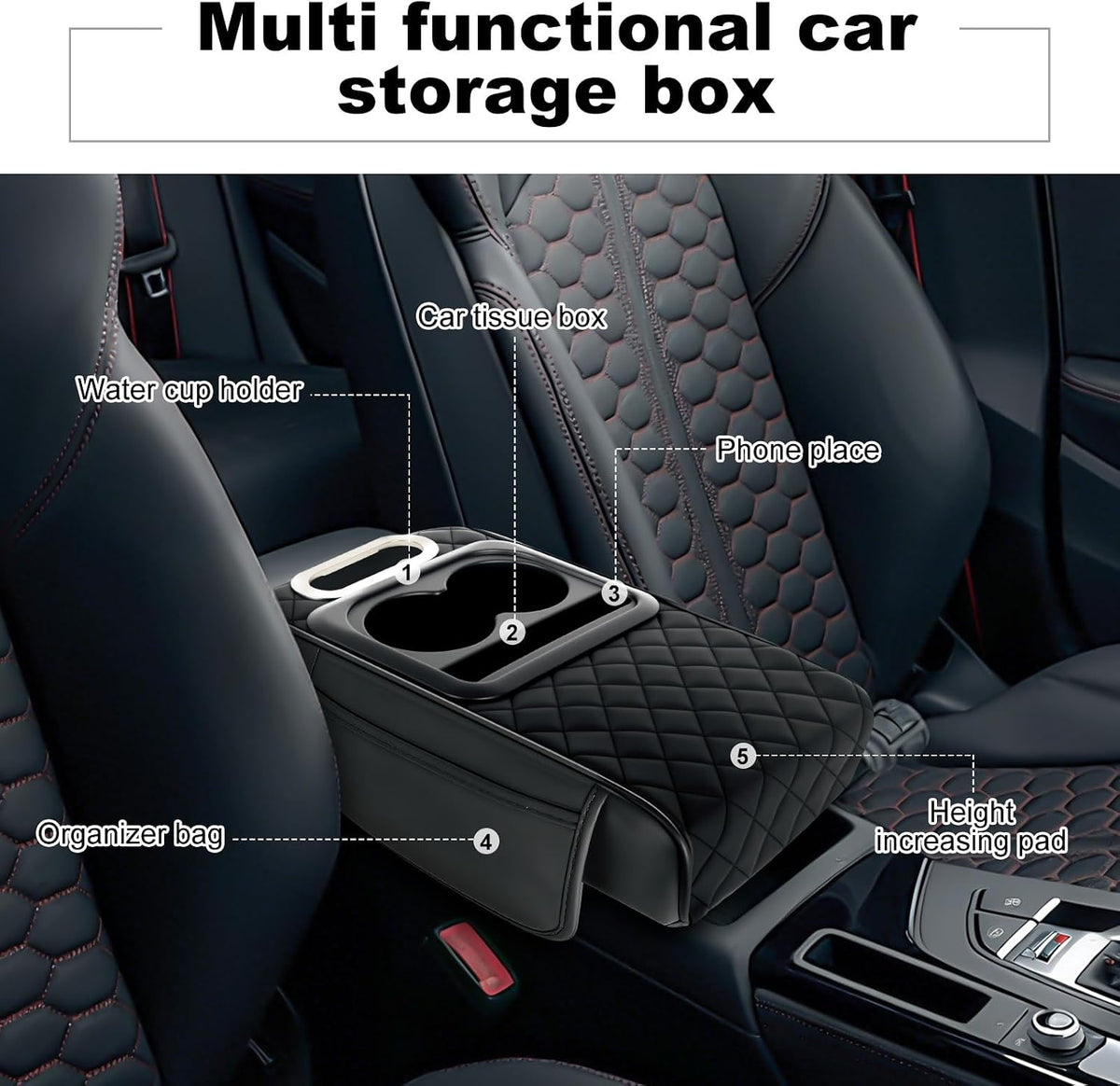 5-in-1 Arm Rest Cover Universal Armrest Storage Box Upgrade Memory Foam Console Cover with Cup for Car Phone Tissue Box Holder