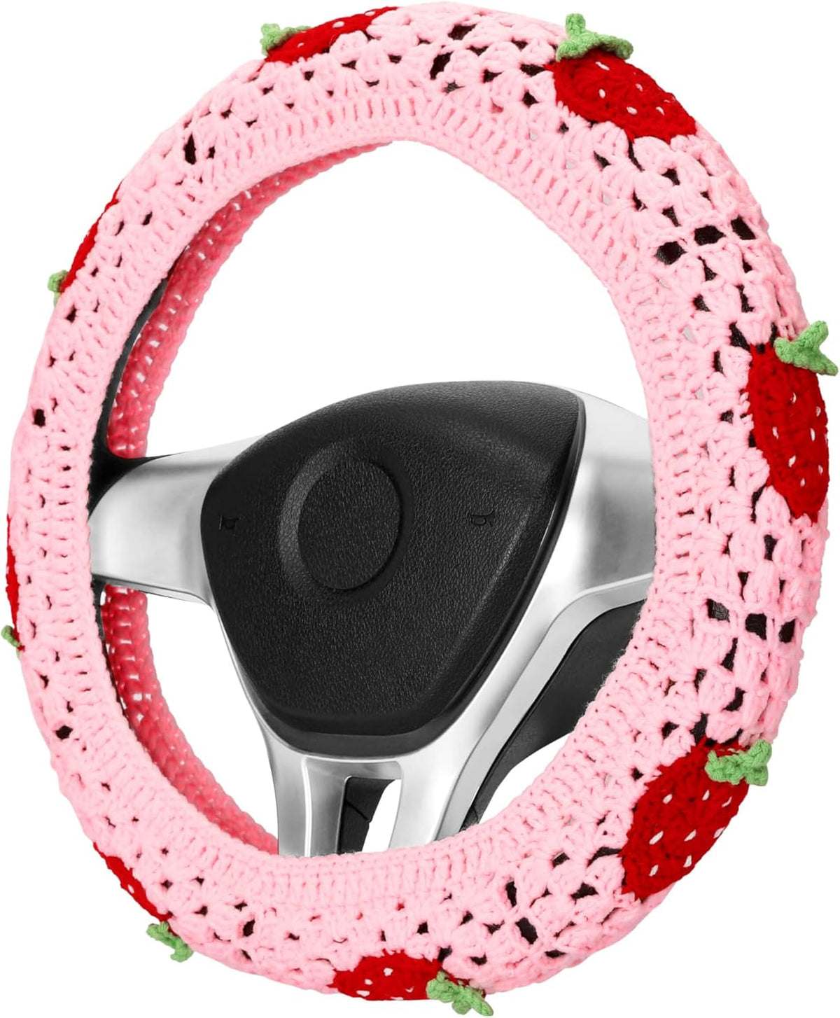 Crochet Steering Wheel Cover, Cute Pink Strawberry Boho Car Accessories