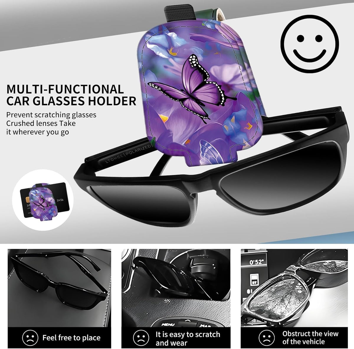 Leather Magnetic Sunglass Holder for Car Sun Visor, Cute Eyeglass Ticket Card Hanger Clip, Universal Auto Interior Accessories for SUV Pickup Truck, Purple Floral
