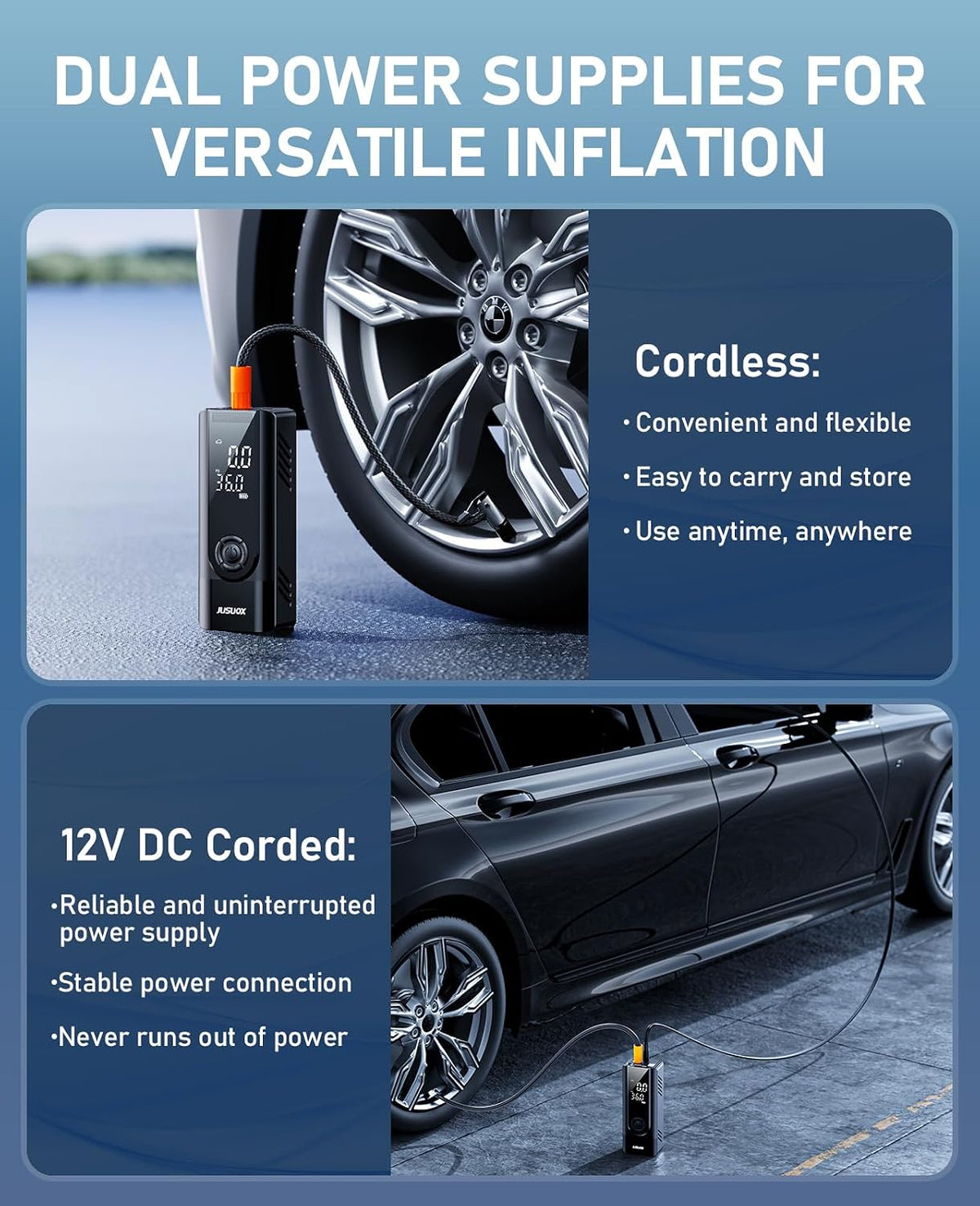 JUSUOX Tire Inflator Portable Air Compressor, 150 PSI Dual Power