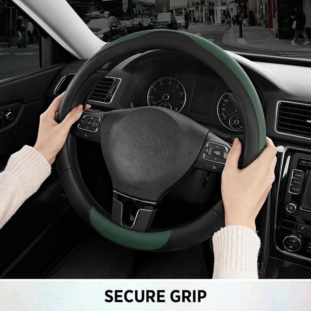 Road Comforts Steering Wheel Cover, Breathable Anti-Slip Leather Steering Wheel Cover, Universal Fit 14.5–15 Inch, Comfortable Grip - Green Color