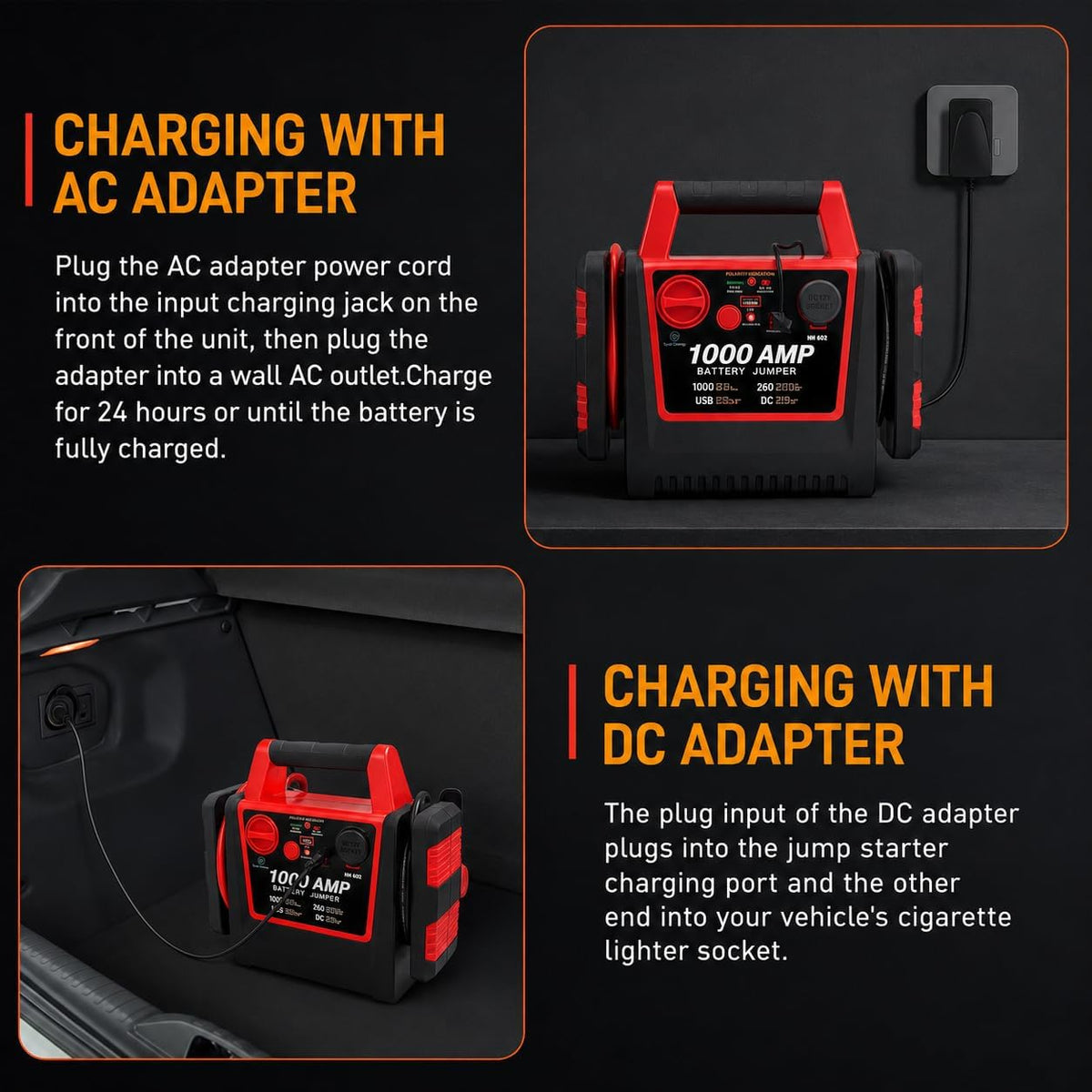 4 in 1 Battery Booster Jump Starter with Air Compressor Portable 260PSI Tire Inflator,1000 Amp Jumper starter power pack Jump Box,12V Power Station with USB Port and DC Outlet
