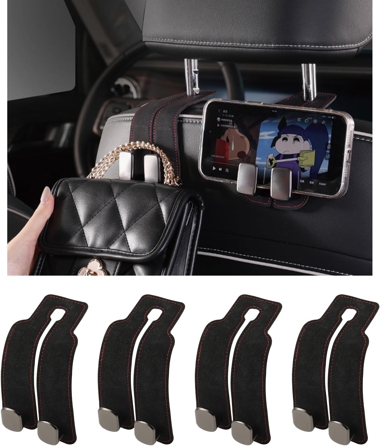 KINIVA Car Seat Headrest Storage Hooks, Set of 2, Suede PU Leather, Double Hooks (Black-4 Pack)