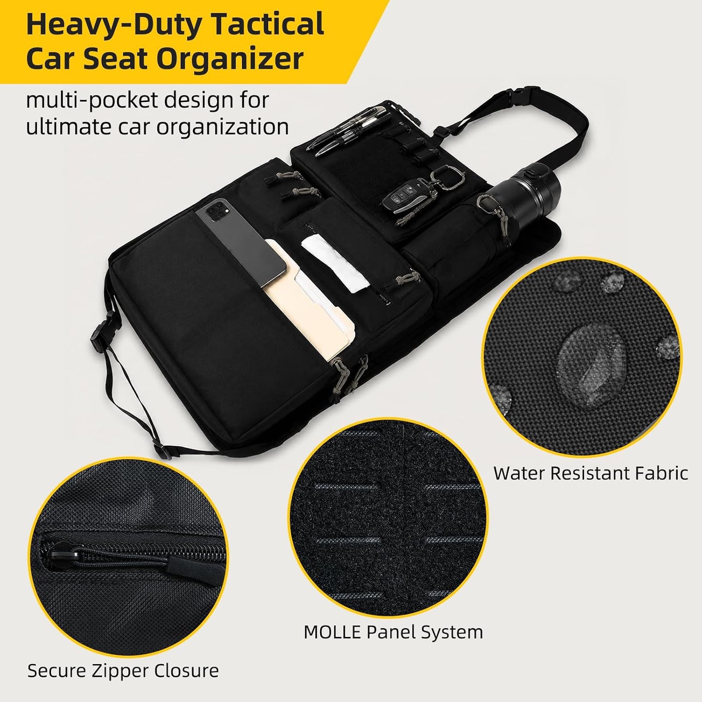 Tactical Seat Back Organizer With MOLLE Panel, Heavy Duty Car Back Seat Storage With Multiple Pockets And Hook And Loop Panel, For EDC Gear, Fits SUV Truck Jeep