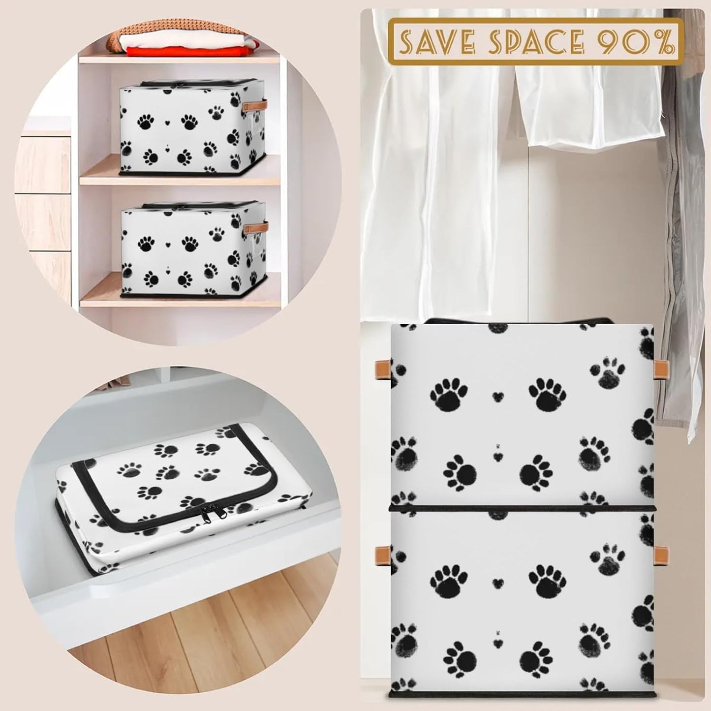 Dogs Footprints Storage Bins With Zipper Lid, Collapsible Trunk Organizer, Car Organizers and Storage Bins with Lids, Decorative Storage Boxes with Handle, Home Storage Baskets for Organizing