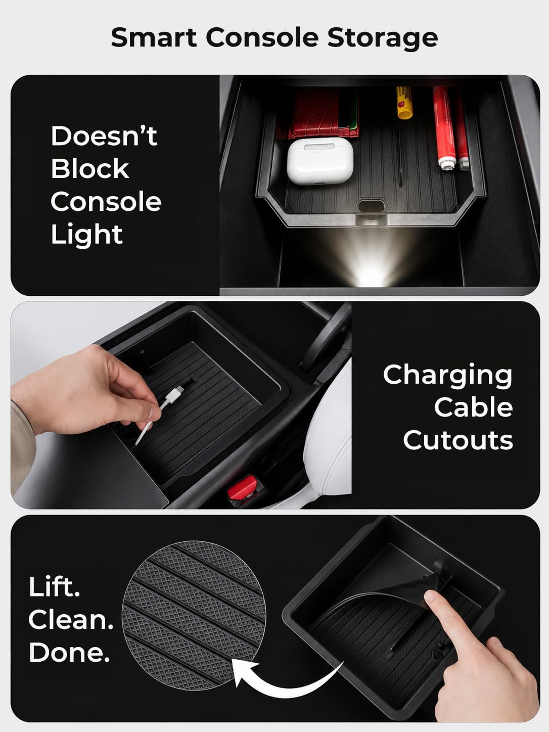 Center Console Organizer Set for Tesla Model Y Juniper (Premium & Performance 2025/26) and Model 3 Highland (All Trims 2024/25/26) – 4PCS Tesla Interior Accessories – Black