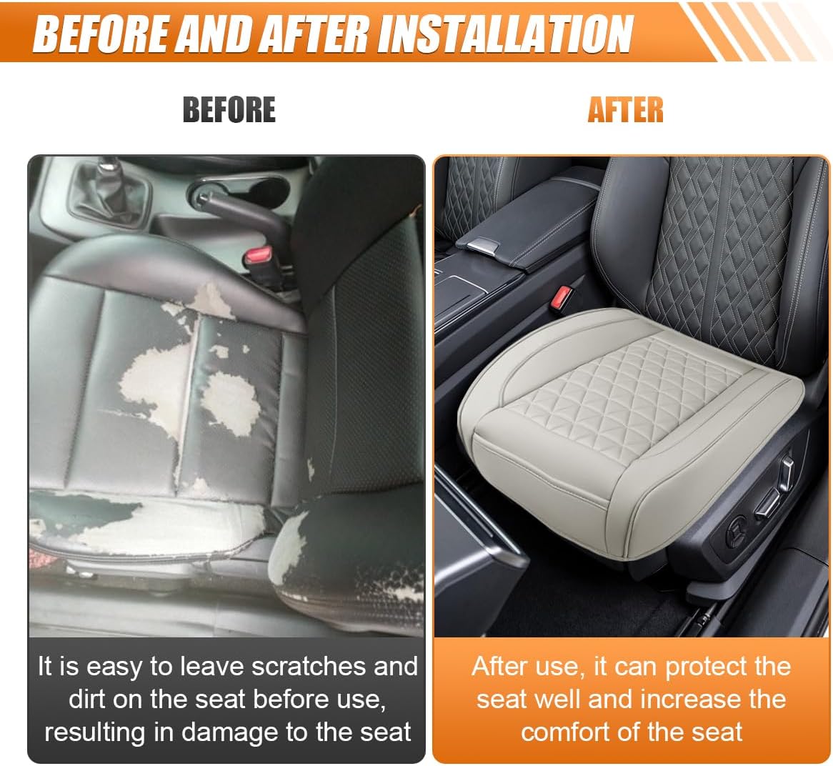 Luxury Faux Leather Car Seat Cover, Car Seats Cushion, Grey | Anti-Slip Waterproof Universal Front Bottom Seat Protector with Storage Pocket for Sedans, SUVs, Trucks, Triangular Pattern