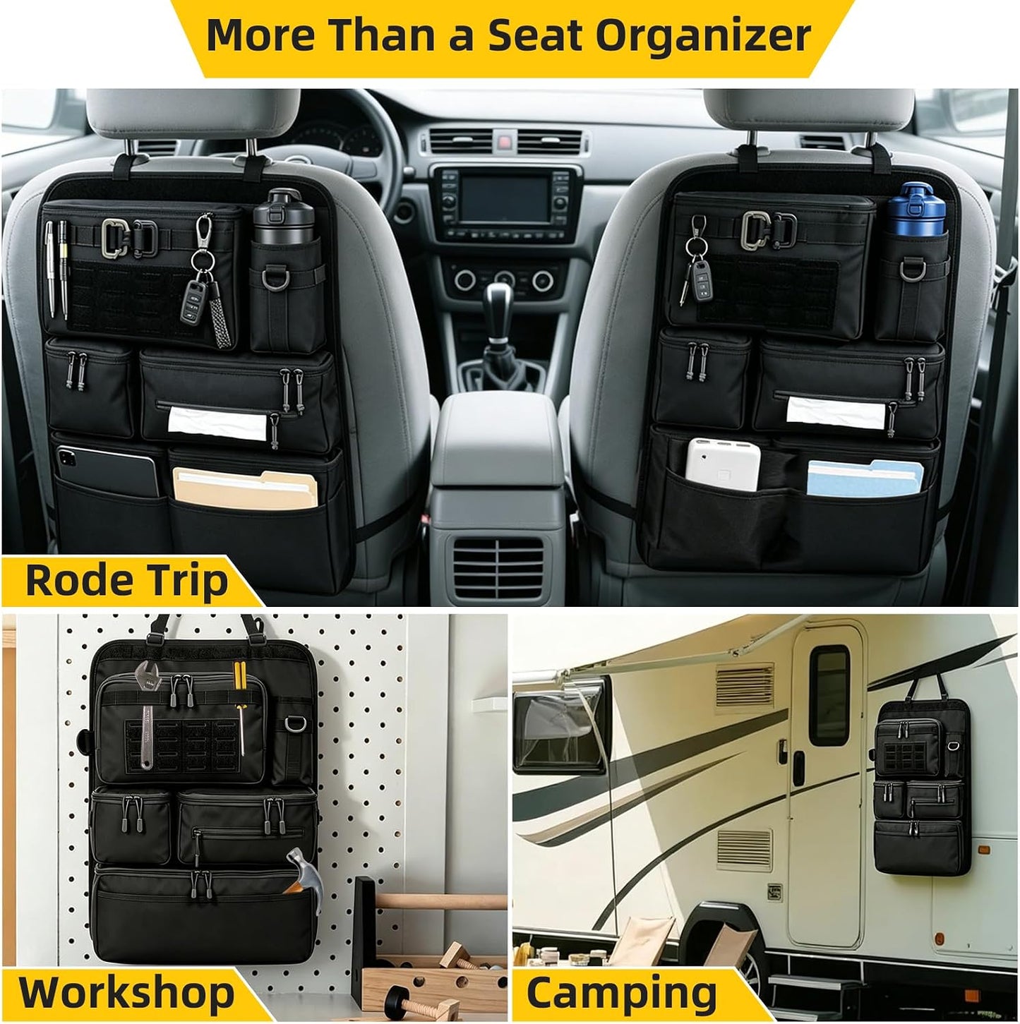 Tactical Seat Back Organizer With MOLLE Panel, Heavy Duty Car Back Seat Storage With Multiple Pockets And Hook And Loop Panel, For EDC Gear, Fits SUV Truck Jeep