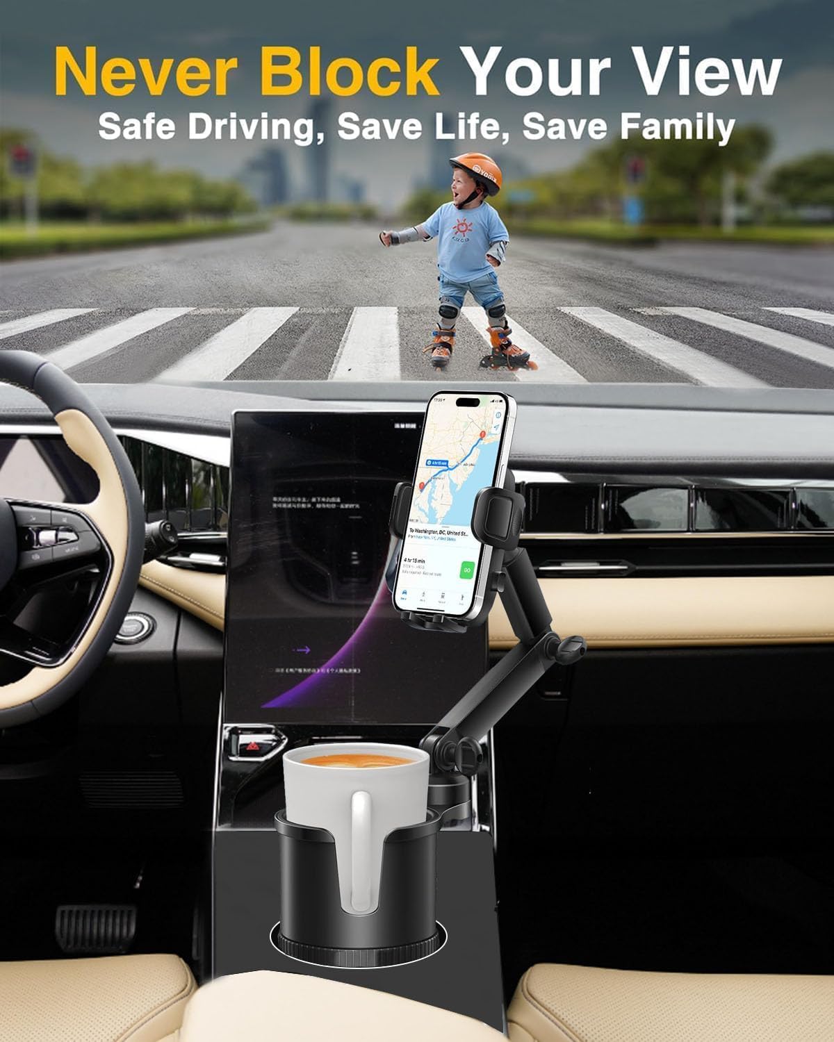 2-in-1 Cup Phone Holder for Car, 360° Adjustable Car Phone Mount