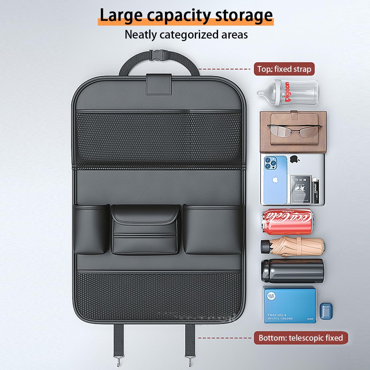 Popular Items Rear Seat Organizer, Premium Waterproof PU Leather Car Seat Back Pocket with Stain Proof iPad Storage, Black