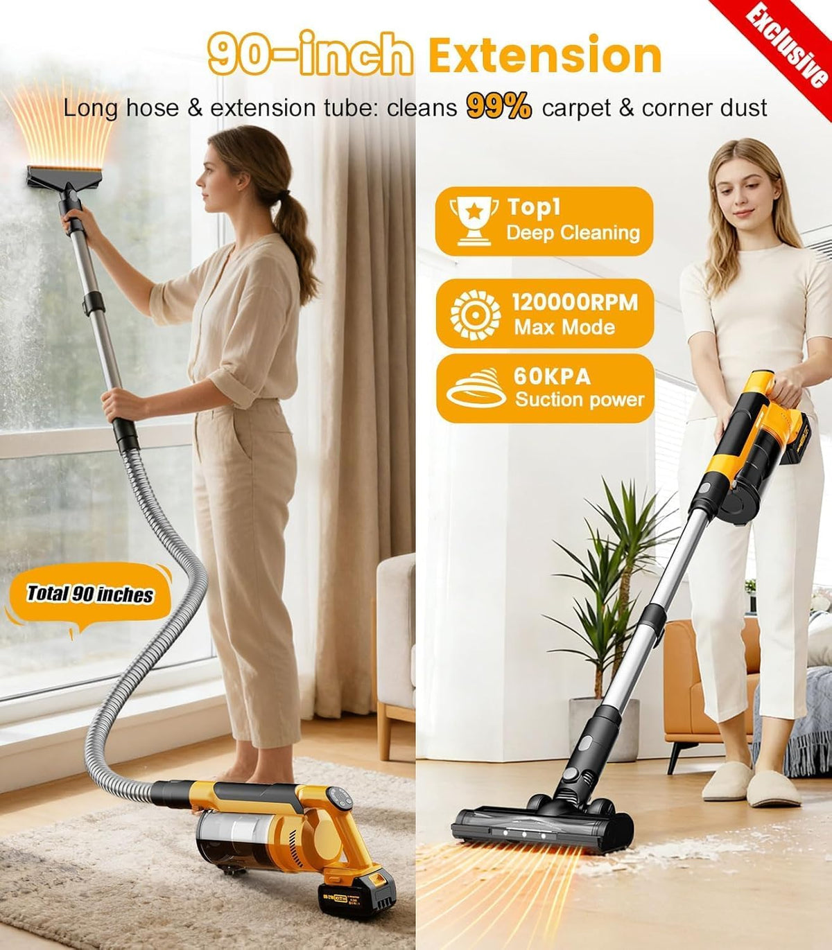 qimedo 8000mAh Cordless Vacuum Cleaner with 2 Batteries, 700W Powerful Suction, 90 Inch Extension Tube & 2L Dust Cup, 7 in 1 Stick Vacuum for Home, Hardwood Floor, Pet Hair, Dorm