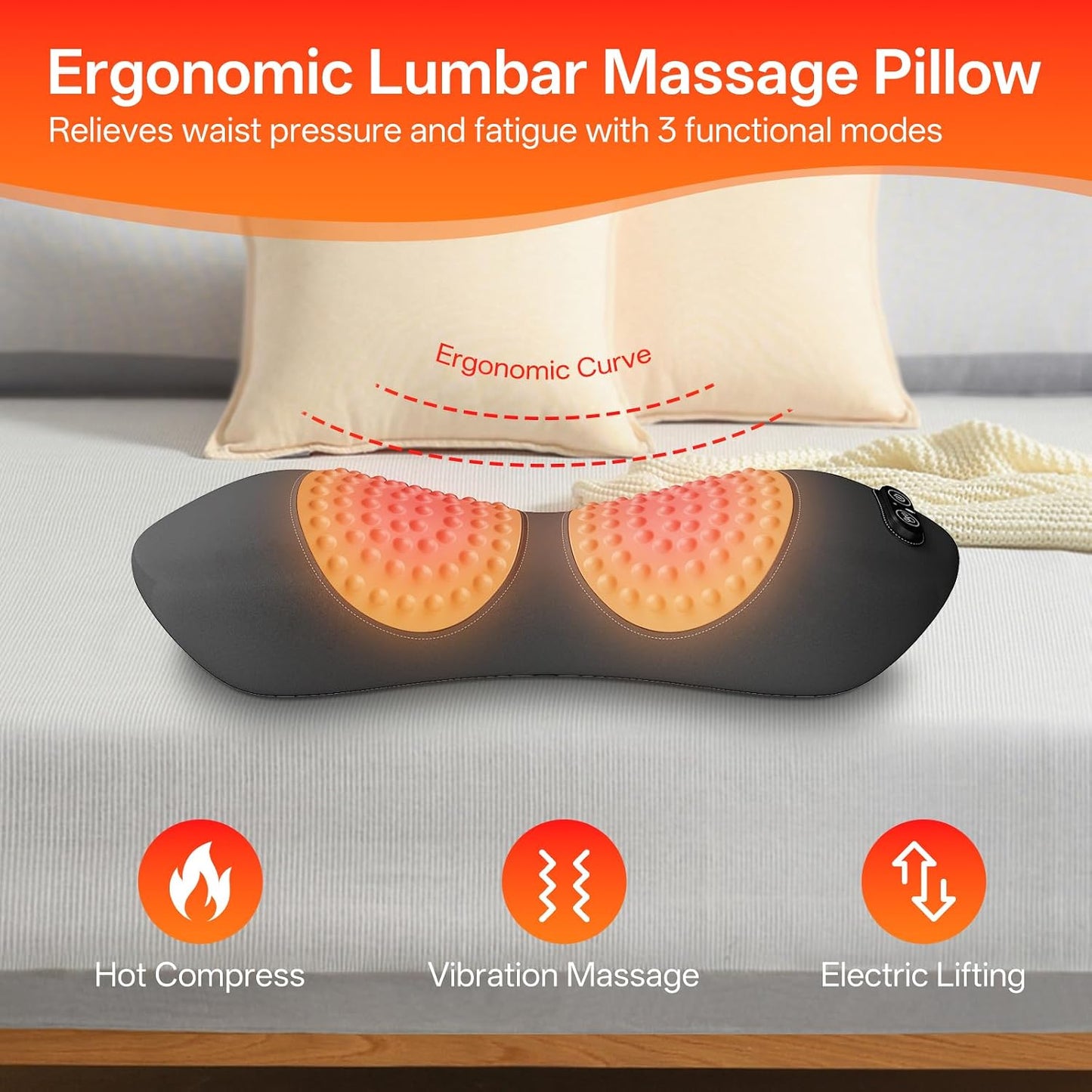 Triple Fusion Back Massager with Heat, Vibration & Air Traction, 3-in-1 Electric Lumbar Support Pillow for Lower Back Pain Relief, Spinal Decompression Device for Bed, Office Chair, Couch and Recliner