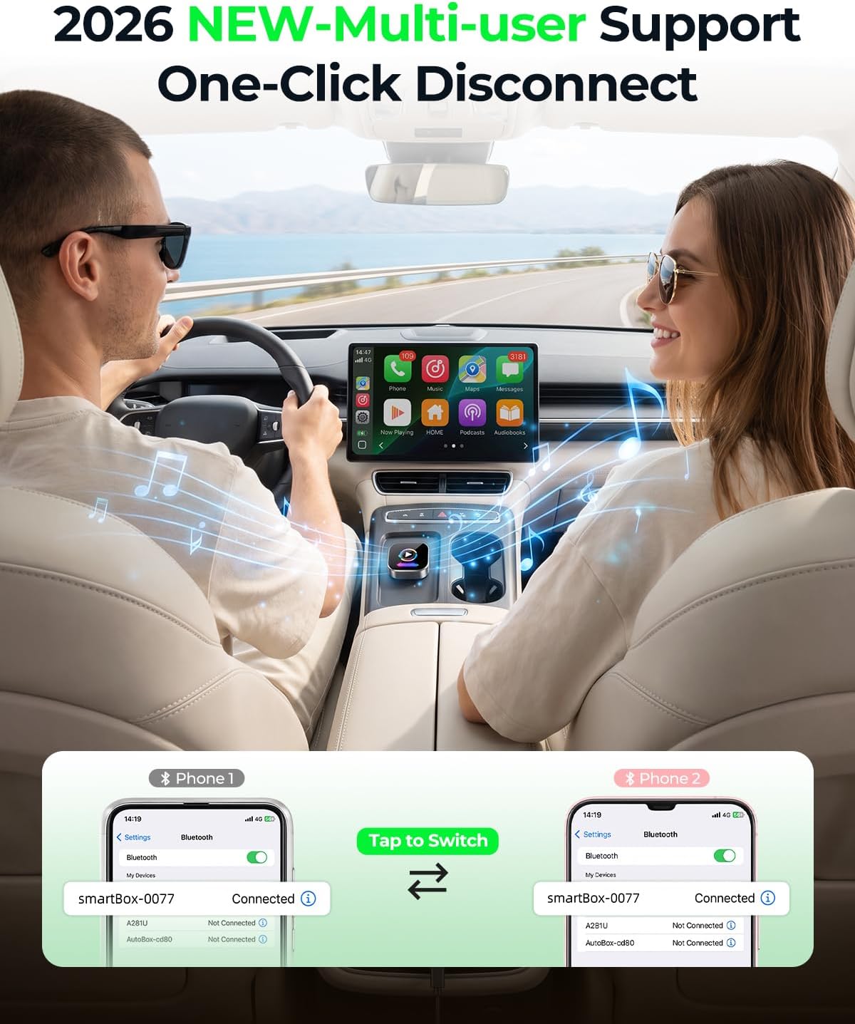 Wireless CarPlay Adapter, 2-in-1 Android Auto Wireless Adapter, 2026 Upgraded One-Key Switch & LED Breathing Ambient Light, Fast and Stable Connection, Gift (Black)
