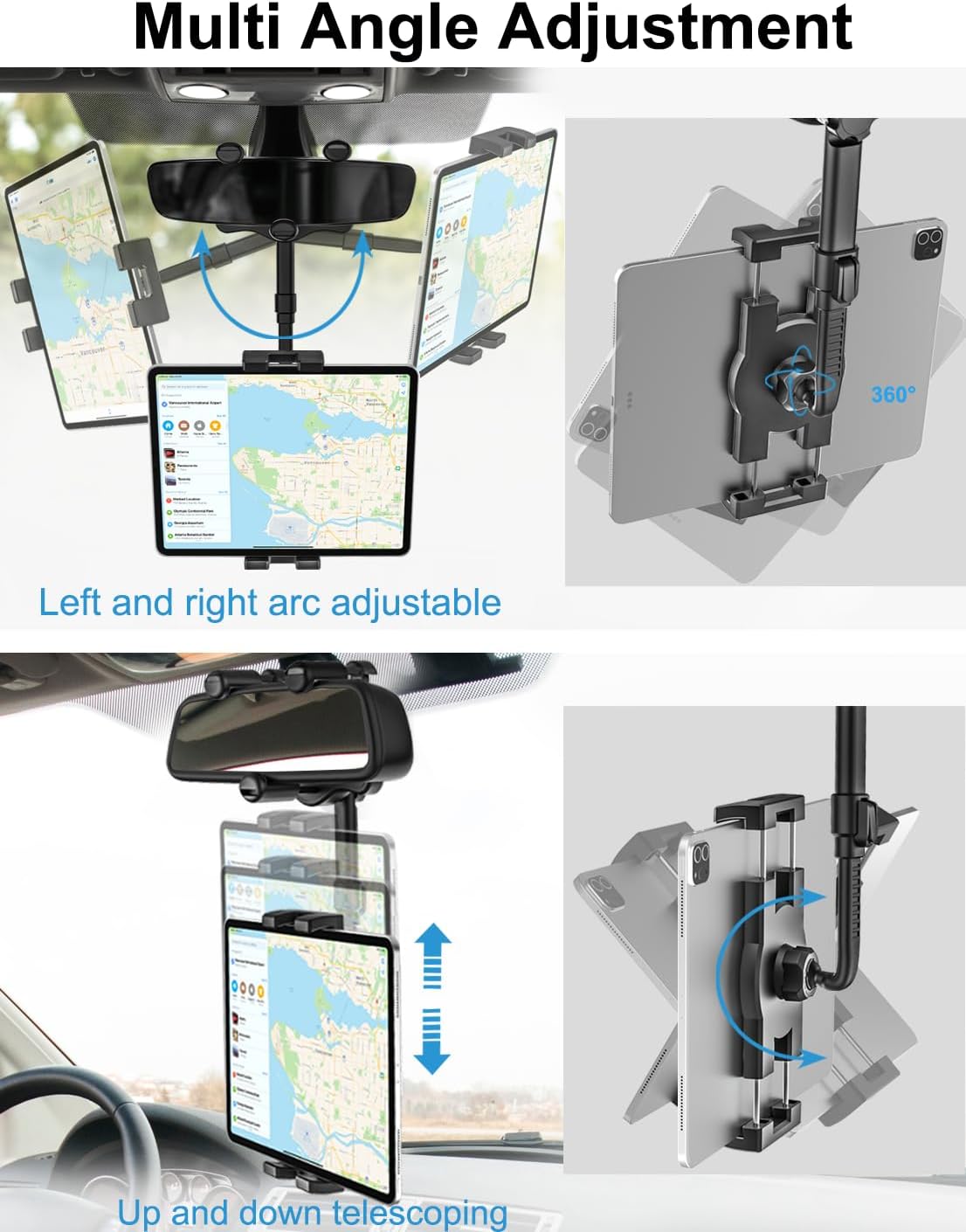 Rearview Mirror Tablet Holder for Car, Rear View Mirror Car Tablet Mount, 360° Rotatable Adjustable Universal Clip, for iPad Pro Air Mini, Galaxy Tabs, Z Fold, Fire HD, iPhone, 4.7-11" Devices