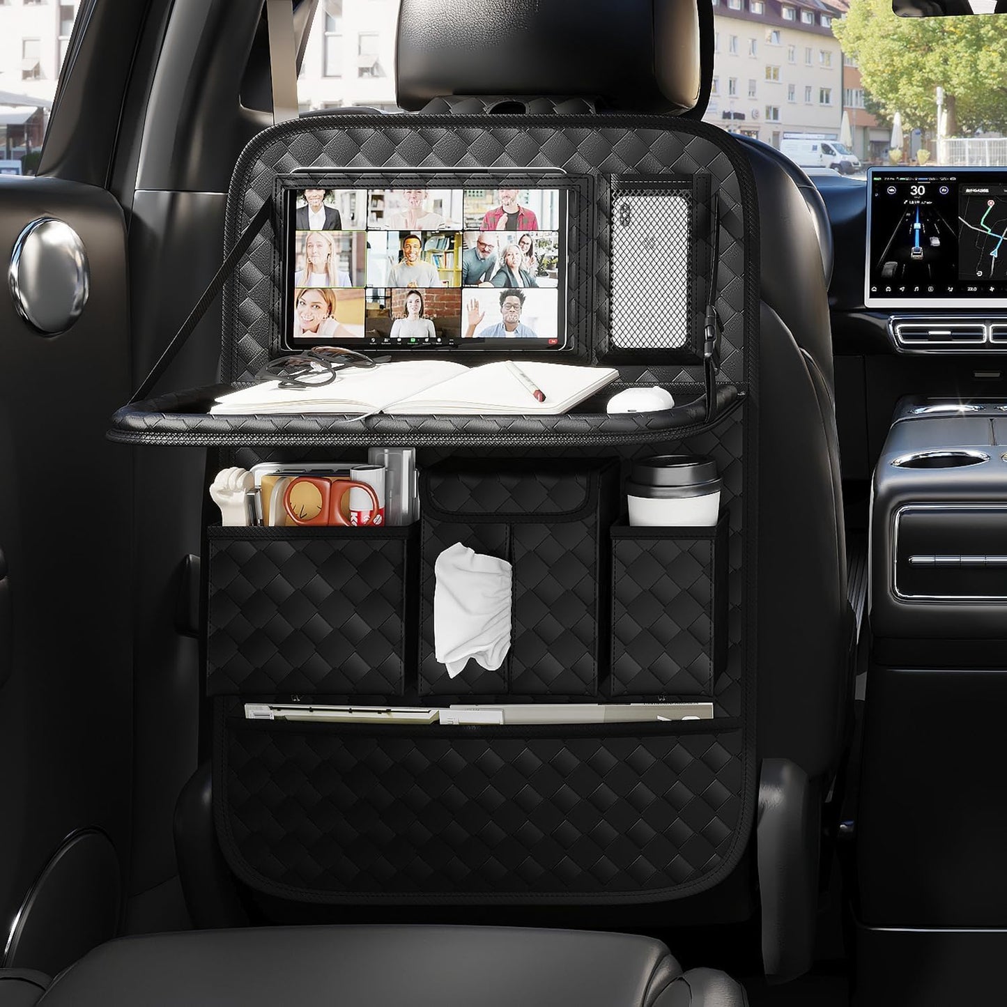 GMQ Back Seat Car Organizer 1 Pack,Backseat Organizer with Tray,Multifunctional Car Seat Back Storage Box with Foldable Tablet Holder (Carbon Black, Weave)